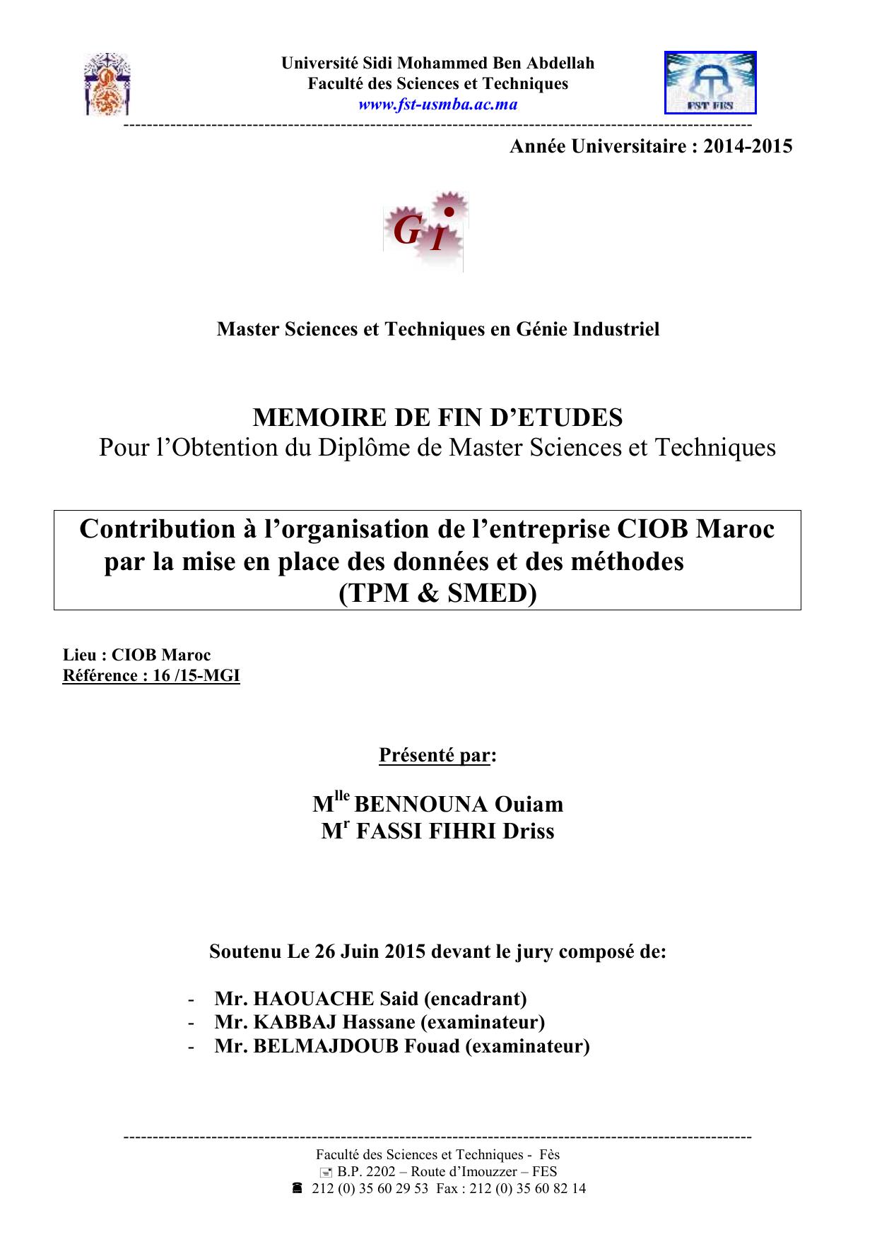 Contribution à l’organisation de l’entreprise CIOB Maroc par la mise en place des données et des méthodes (TPM & SMED)