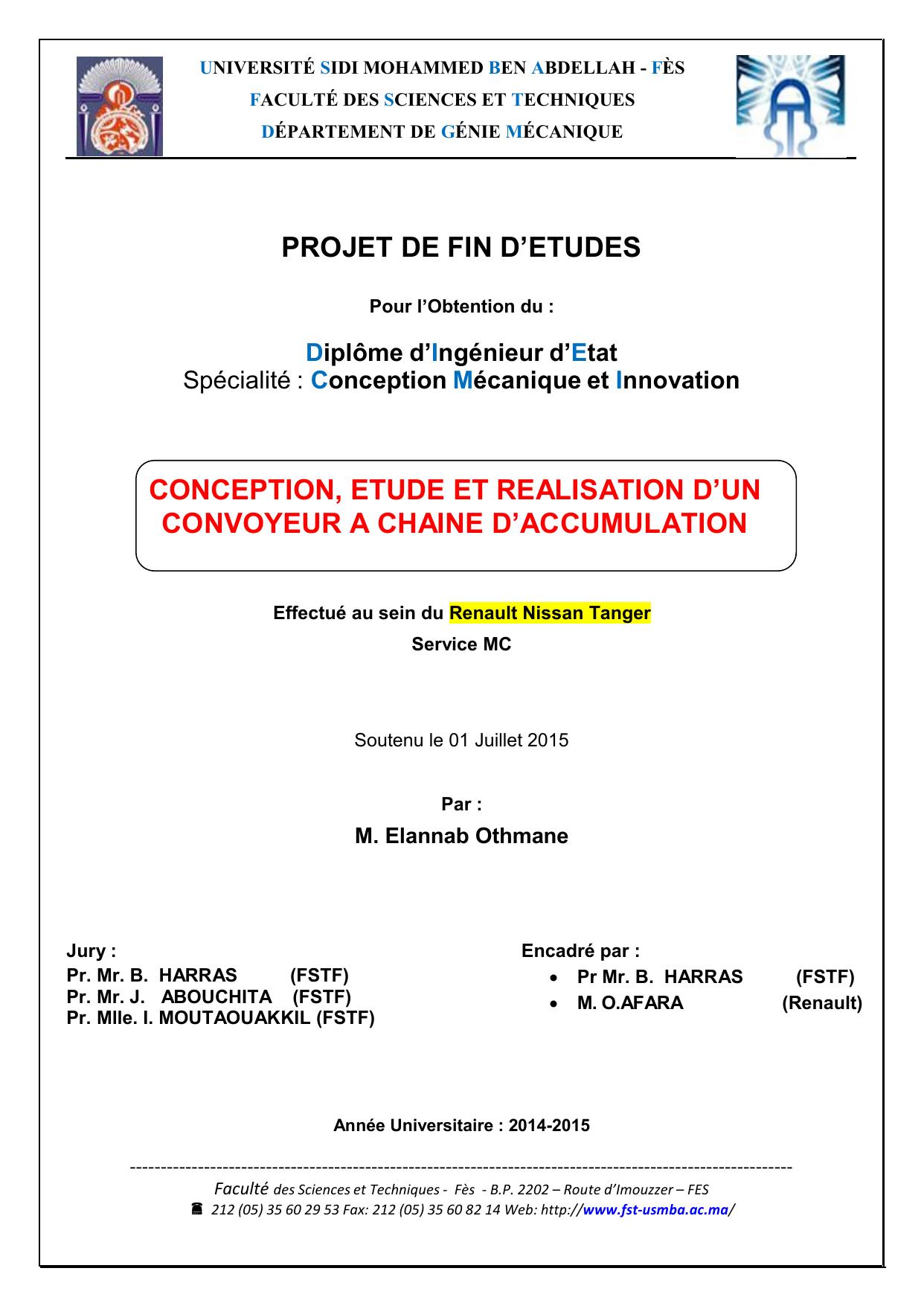 CONCEPTION, ETUDE ET REALISATION D’UN CONVOYEUR A CHAINE D’ACCUMULATION