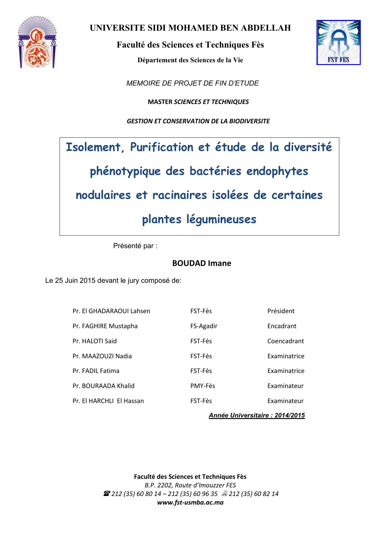 Isolement, Purification et étude de la diversité phénotypique des bactéries endophytes nodulaires et racinaires isolées de certaines plantes légumineuses