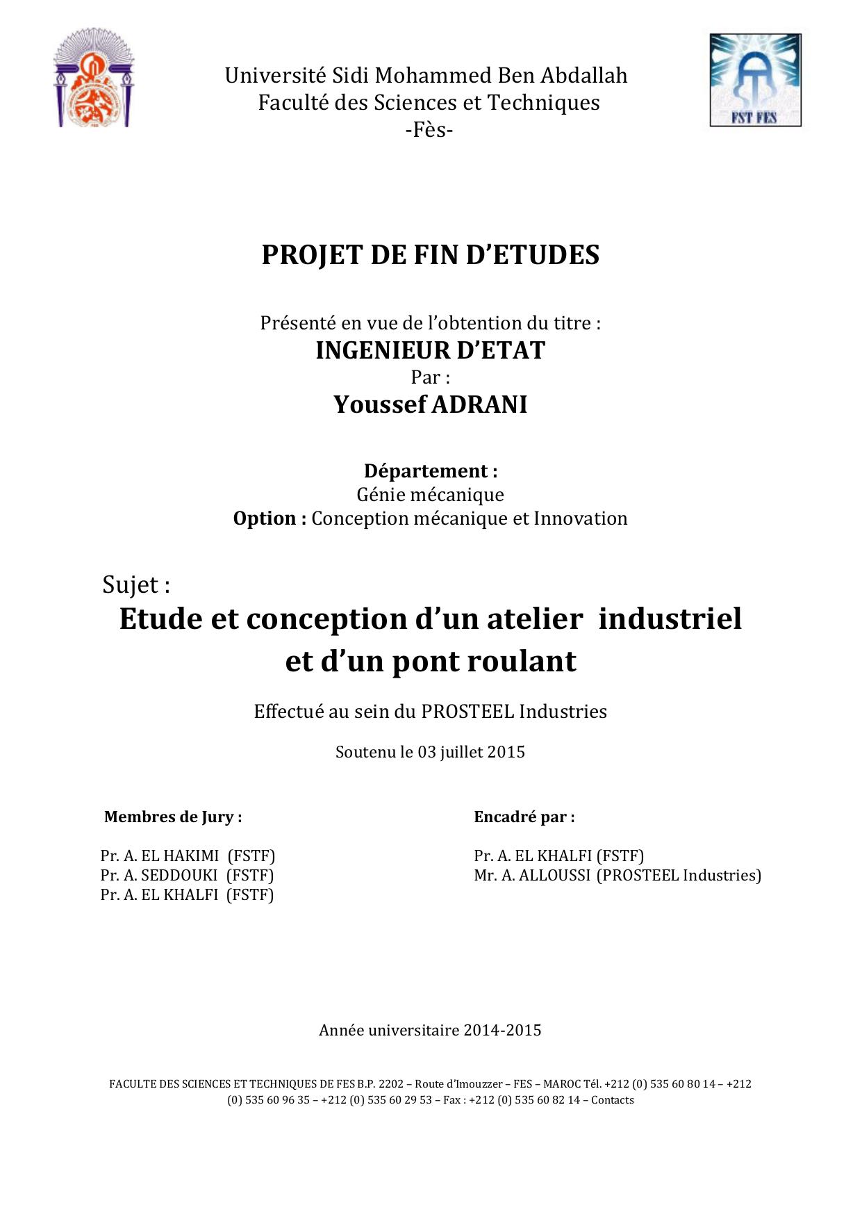 Etude et conception d’un atelier industriel et d’un pont roulant