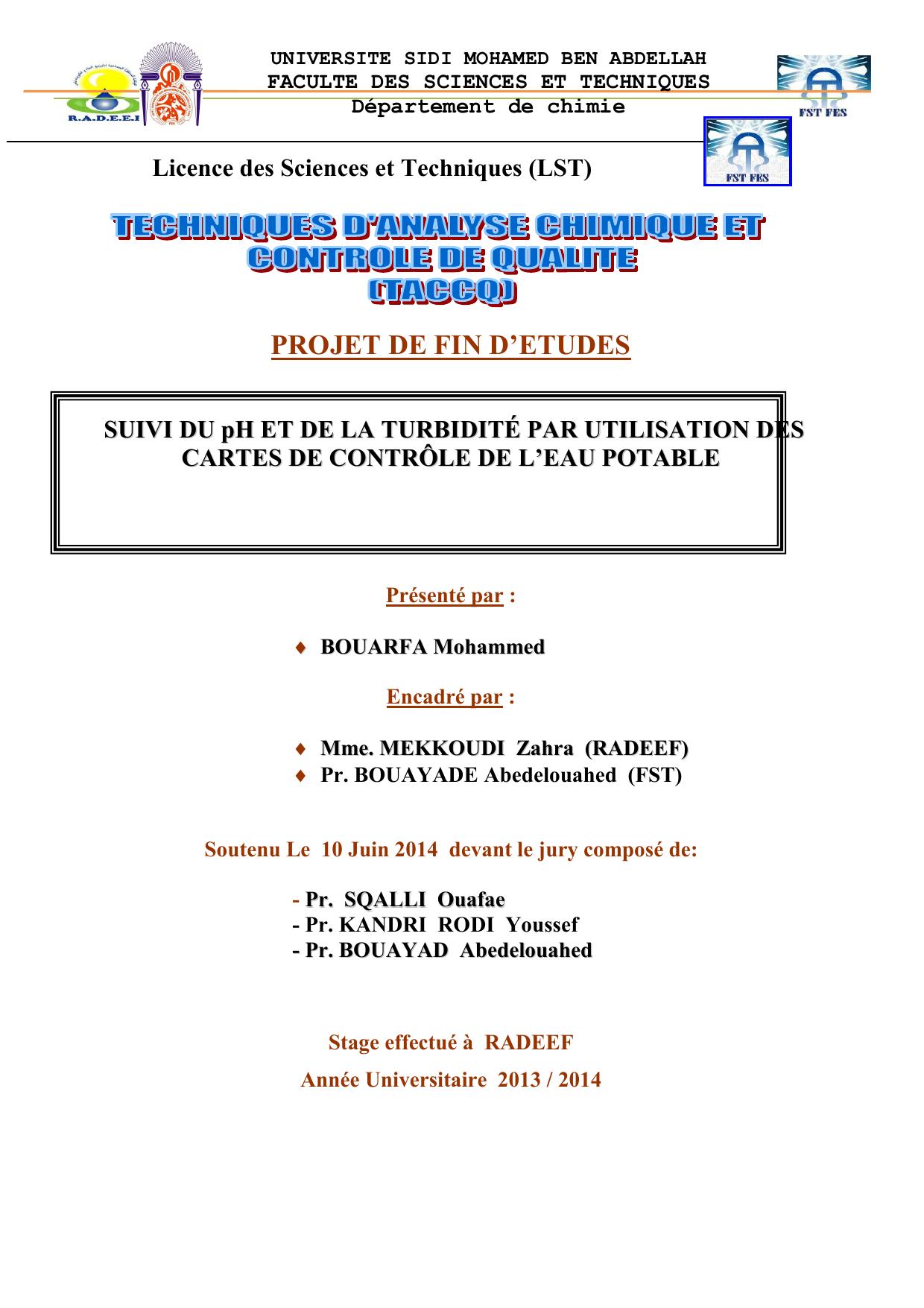 Suivi du pH et de turbidité par utilisation des cartes de controle de l'eau potable