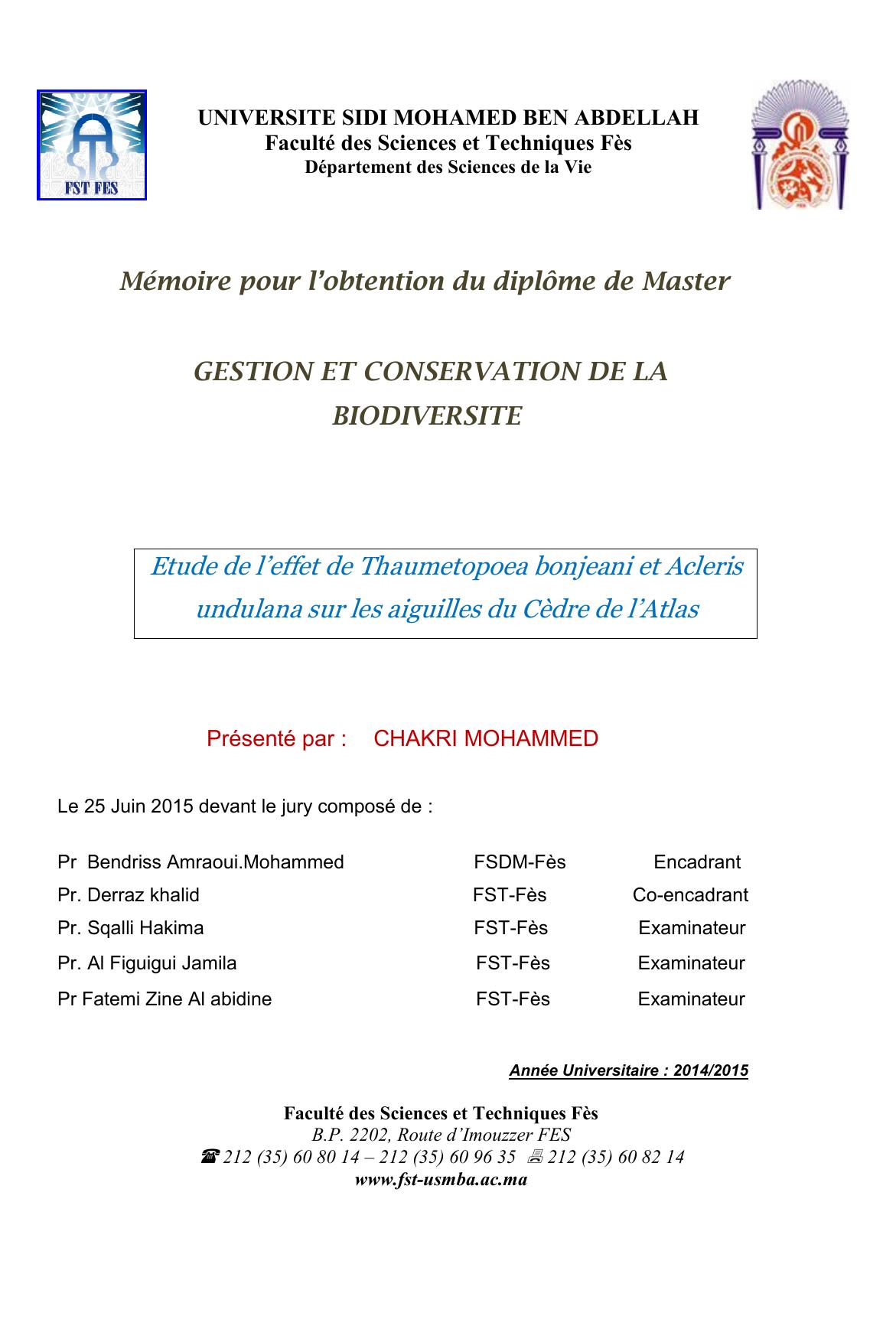 Etude de l’effet de Thaumetopoea bonjeani et Acleris undulana sur les aiguilles du Cèdre de l’Atlas