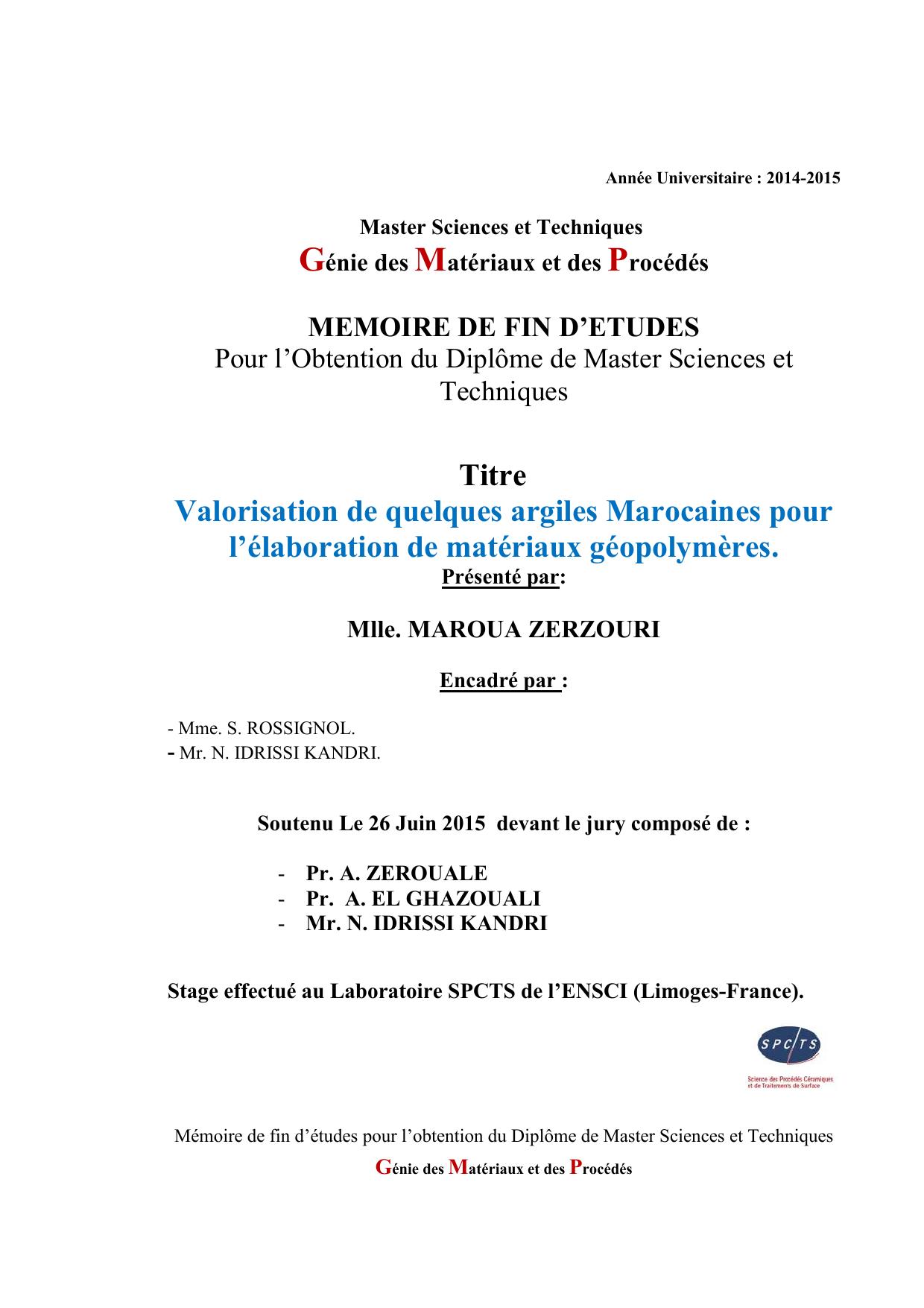 Valorisation de quelques argiles Marocaines pour l’élaboration de matériaux géopolymères