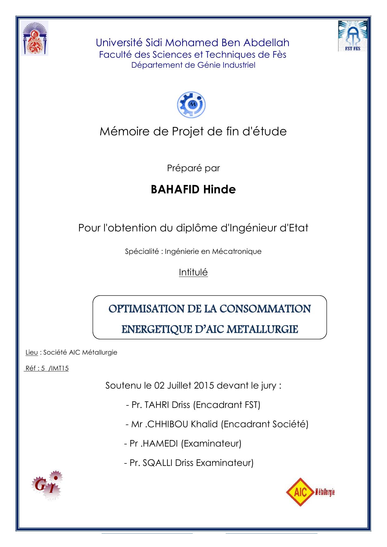 OPTIMISATION DE LA CONSOMMATION ENERGETIQUE D’AIC METALLURGIE