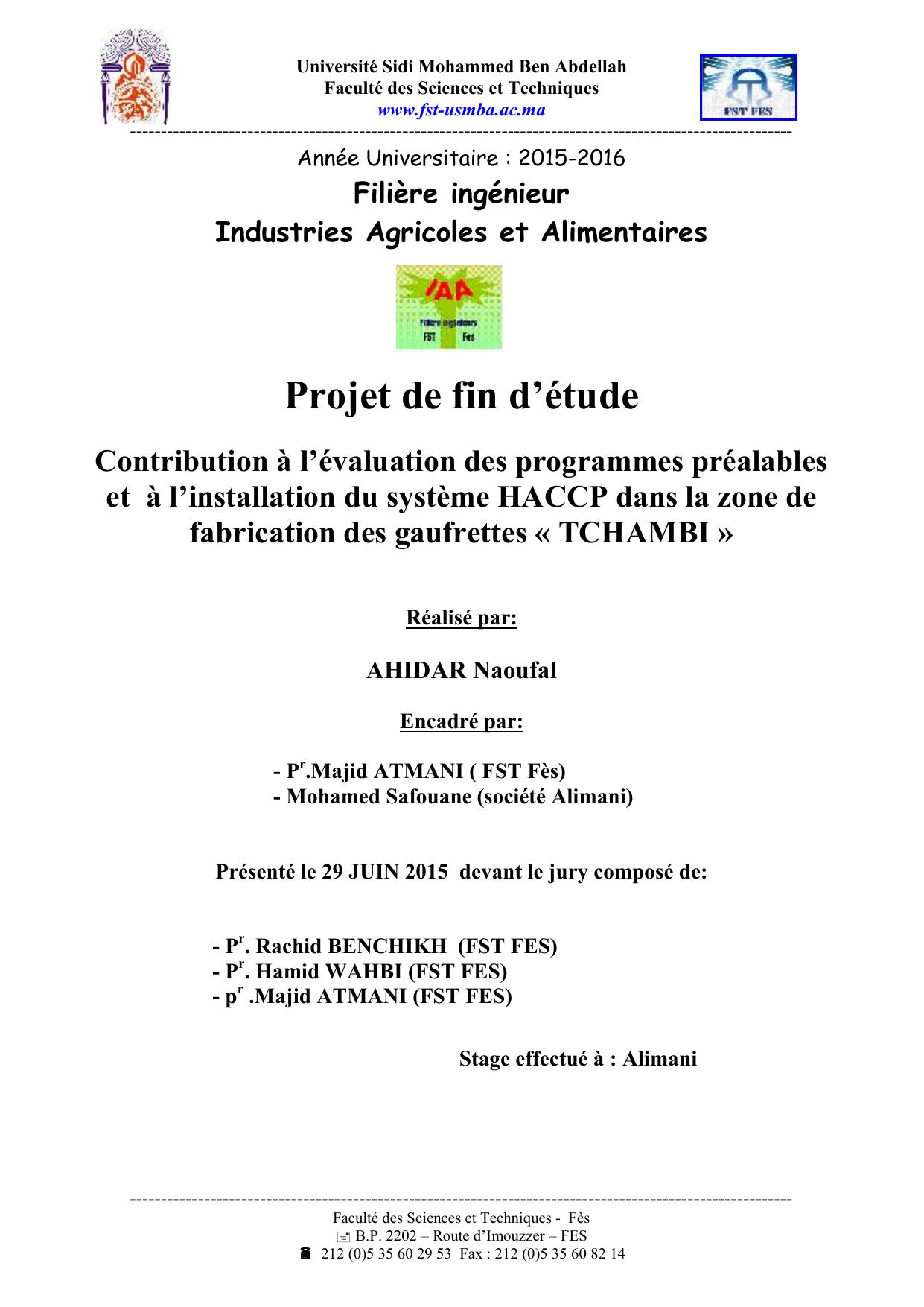 Contribution à l’évaluation des programmes préalables et à l’installation du système HACCP dans la zone de fabrication des gaufrettes « TCHAMBI »