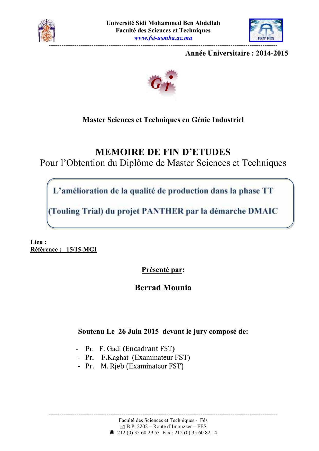 L’amélioration de la qualité de production dans la phase TT (Touling Trial) du projet PANTHER par la démarche DMAIC