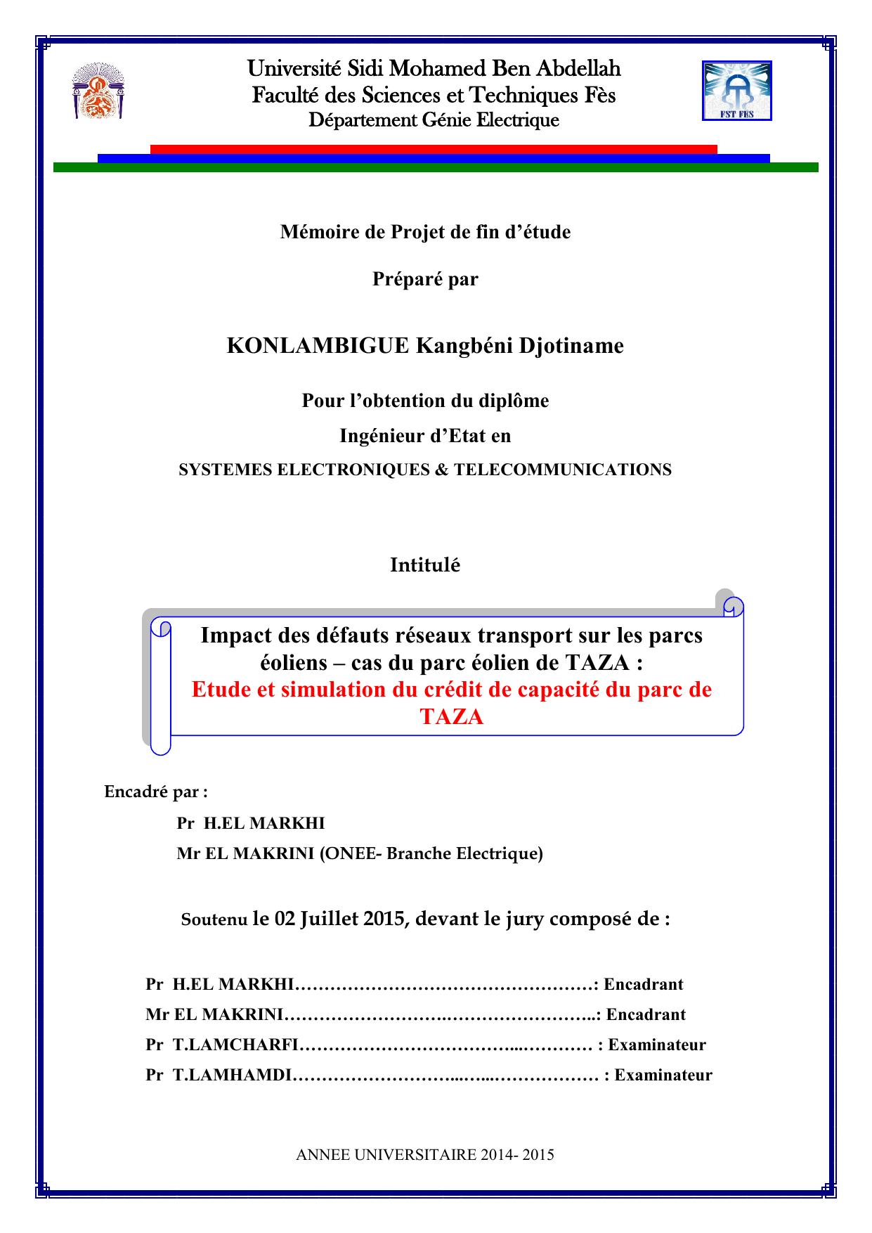 Impact des défauts réseaux transport sur les parcs éoliens – cas du parc éolien de TAZA : Etude et simulation du crédit de capacité du parc de TAZA