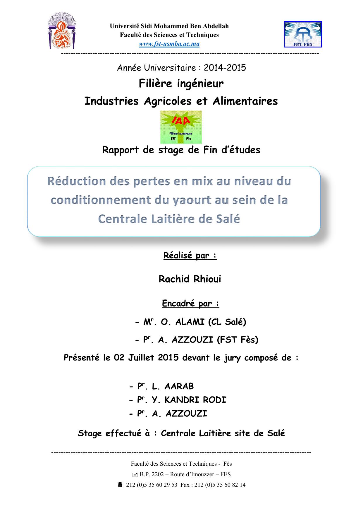 Réduction des pertes en mix au niveau du conditionnement du yaourt au sein de la Centrale Laitière de Salé