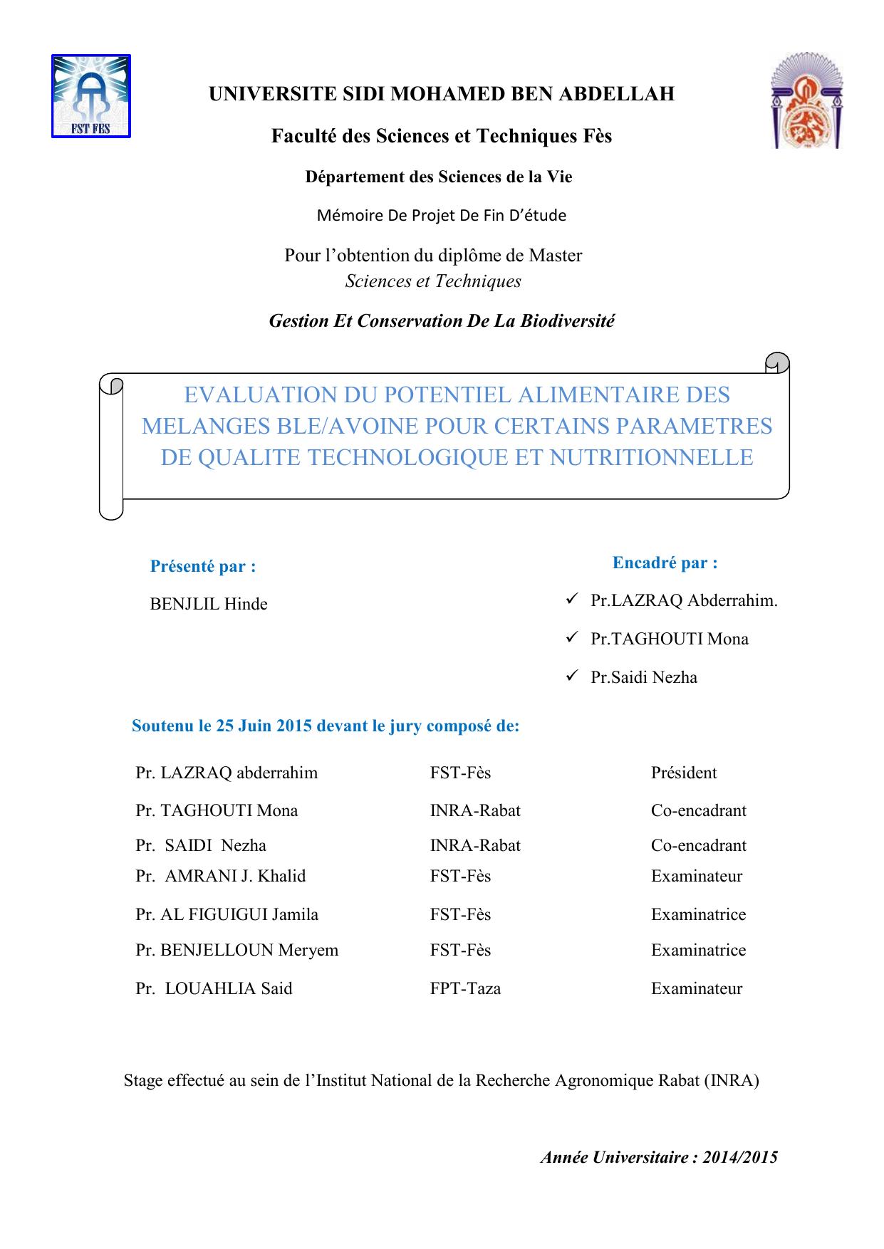 EVALUATION DU POTENTIEL ALIMENTAIRE DES MELANGES BLE/AVOINE POUR CERTAINS PARAMETRES DE QUALITE TECHNOLOGIQUE ET NUTRITIONNELLE