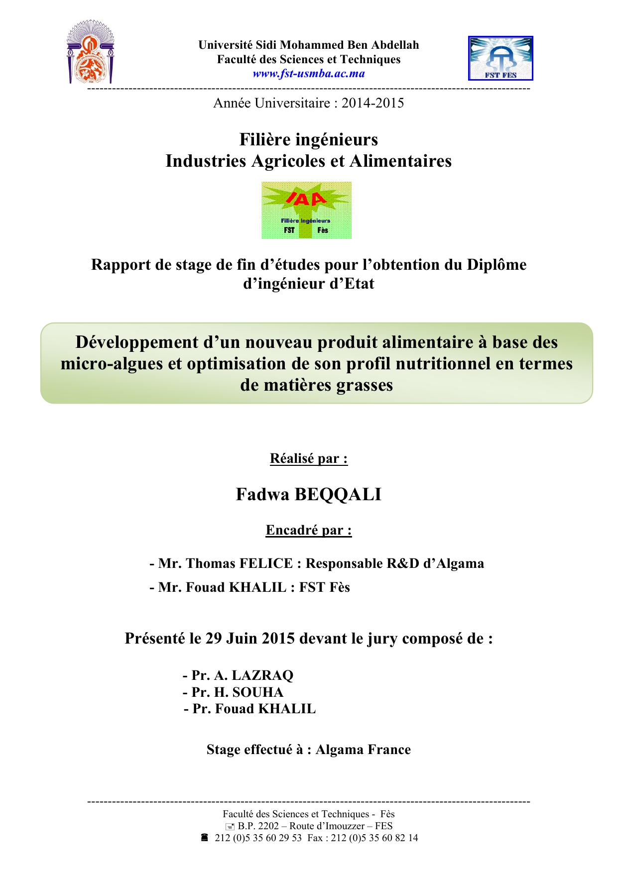 Développement d’un nouveau produit alimentaire à base des micro-algues et optimisation de son profil nutritionnel en termes de matières grasses