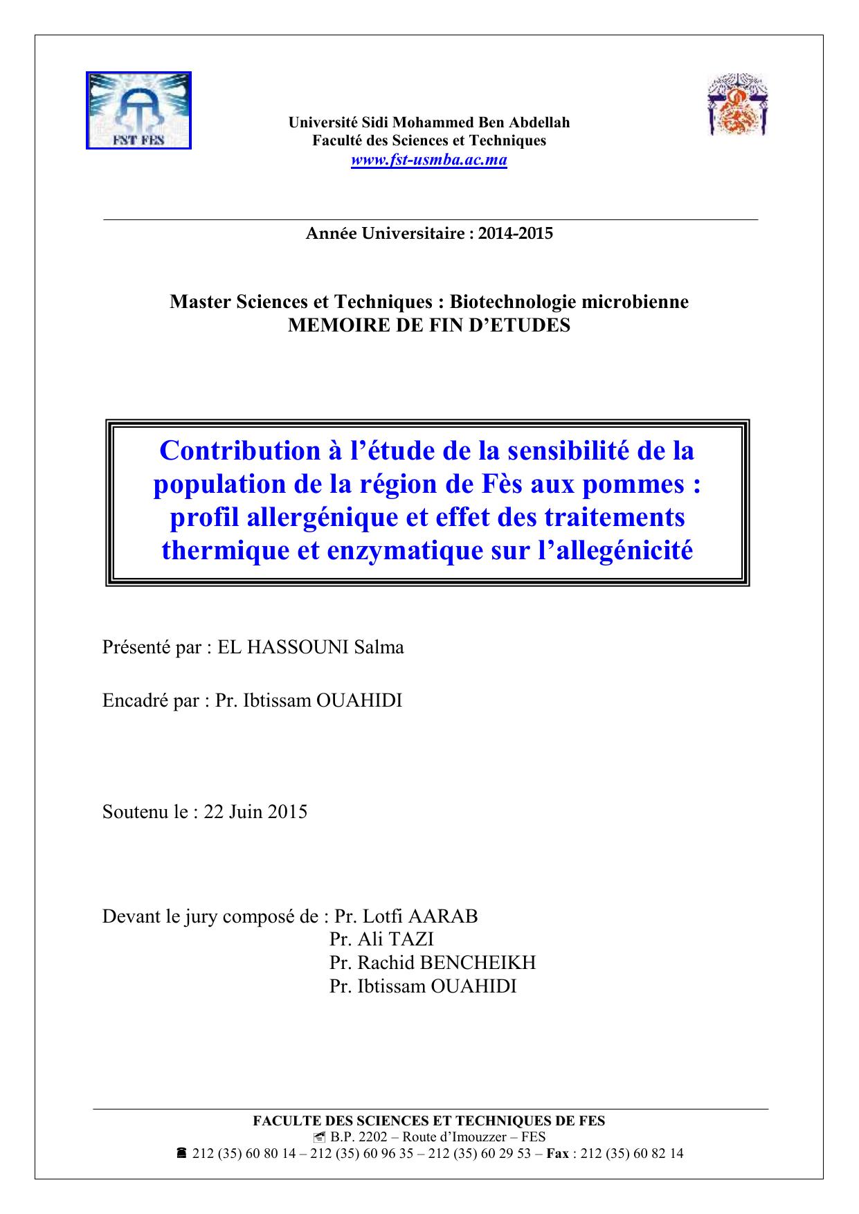 Contribution à l’étude de la sensibilité de la population de la région de Fès aux pommes : profil allergénique et effet des traitements thermique et enzymatique sur l’allegénicité