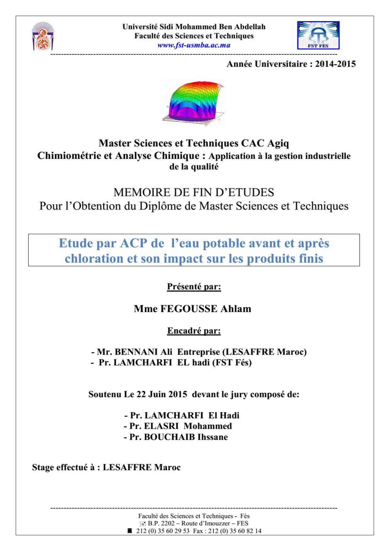 Etude par ACP de l’eau potable avant et après chloration et son impact sur les produits finis