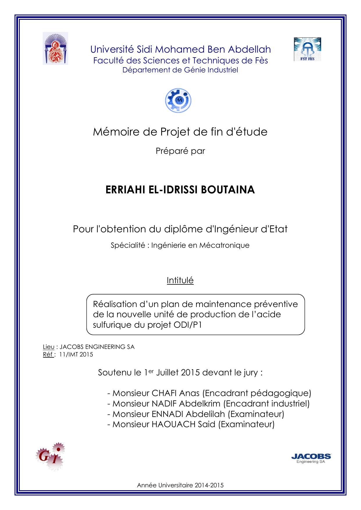 Réalisation d’un plan de maintenance préventive de la nouvelle unité de production de l’acide sulfurique du projet ODI/P1