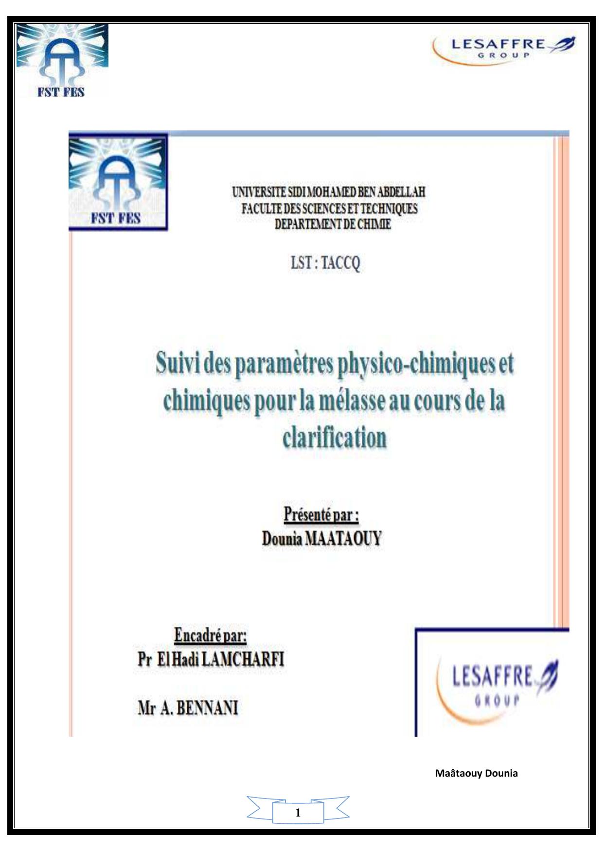 Suivi des paramètres physico-chimiques et chimiques pour la mélasse au cours de la clarification