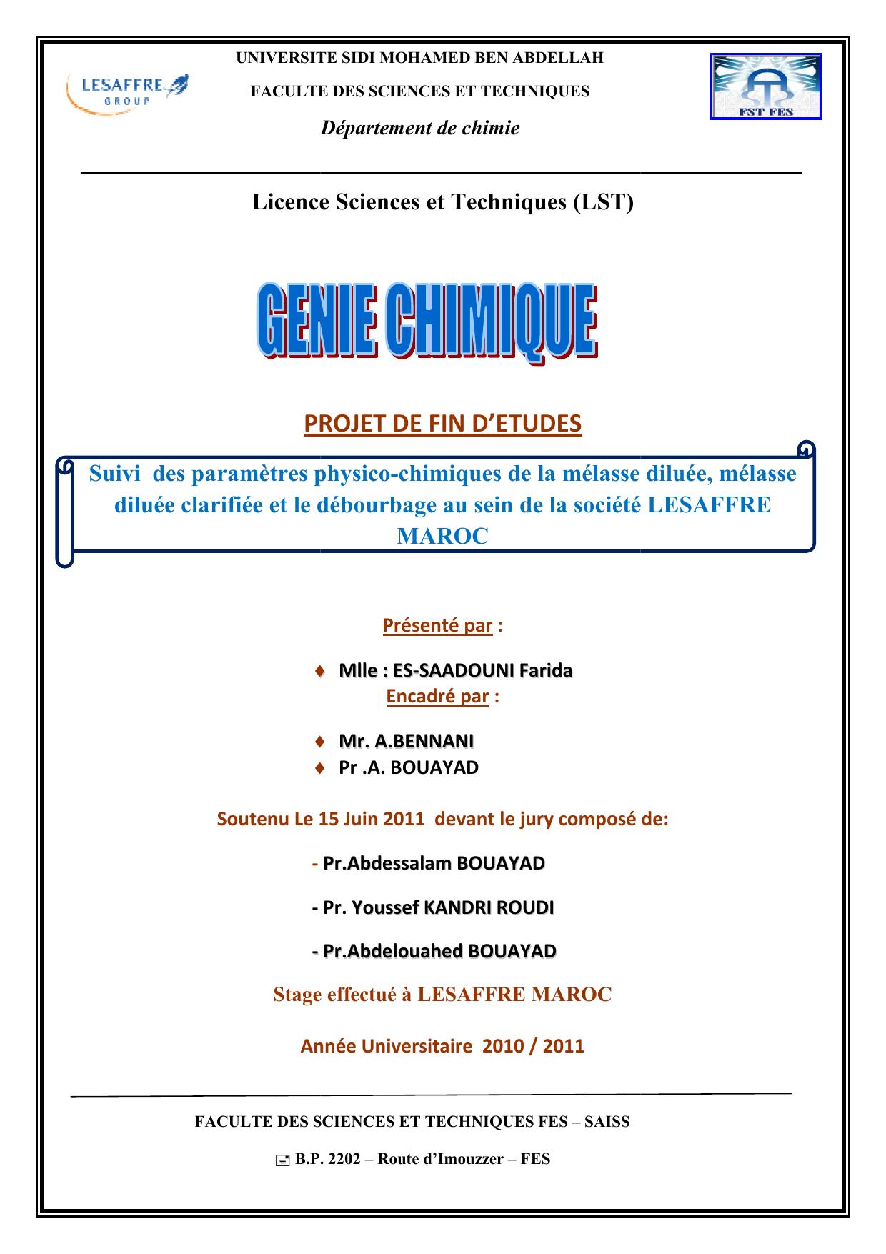 Suivi des paramètres physico-chimiques de la mélasse diluée, mélasse diluée clarifiée et le débourbage au sein de la société LESAFFRE MAROC