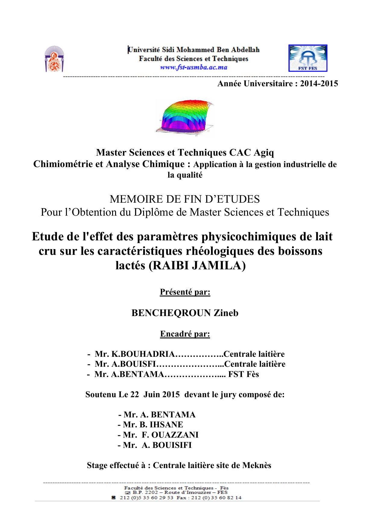 Etude de l'effet des paramètres physicochimiques de lait cru sur les caractéristiques rhéologiques des boissons lactés (RAIBI JAMILA)