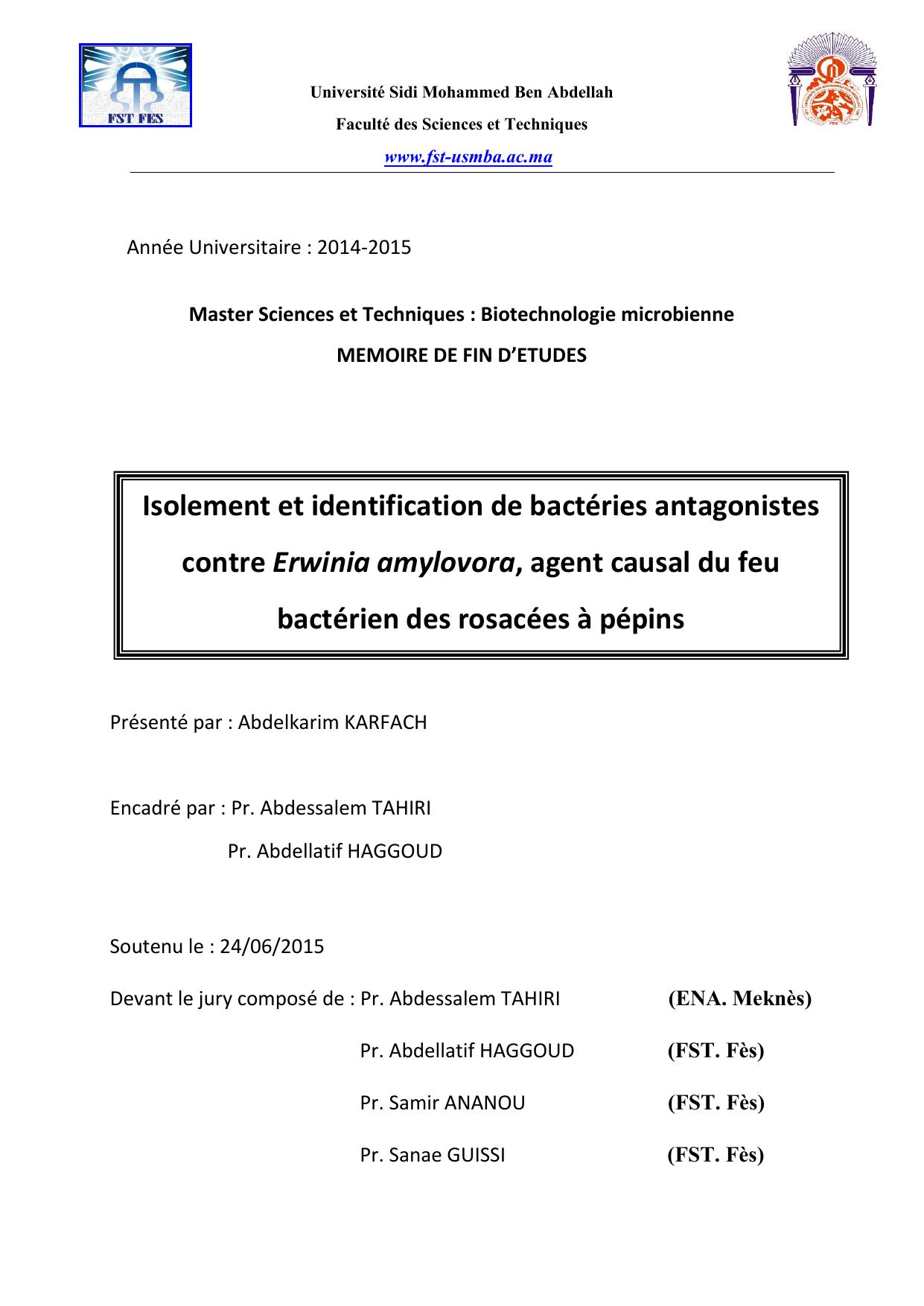 Isolement et identification de bactéries antagonistes contre Erwinia amylovora, agent causal du feu bactérien des rosacées à pépins