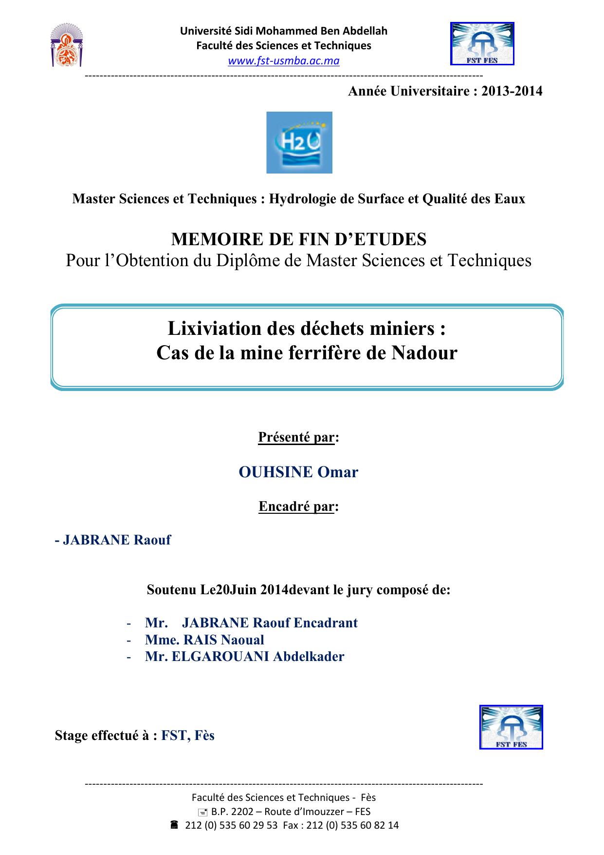 Lixiviation des déchets miniers : Cas de la mine ferrifère de Nadour