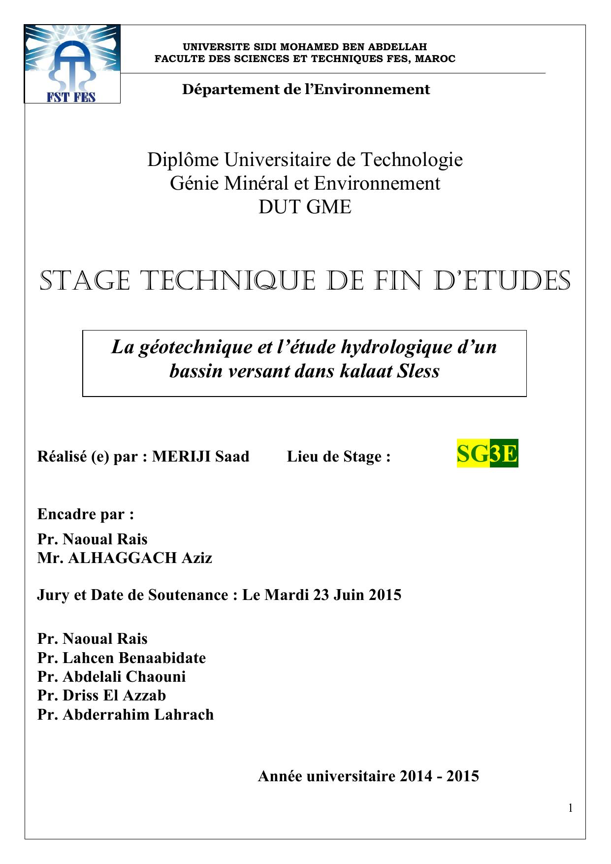 La géotechnique et l’étude hydrologique d’un bassin versant dans kalaat Sless