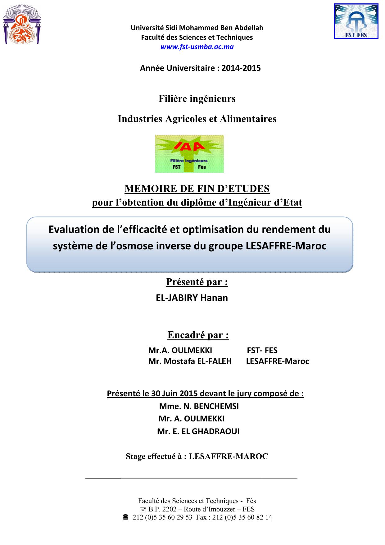 Evaluation de l’efficacité et optimisation du rendement du système de l’osmose inverse du groupe LESAFFRE-Maroc