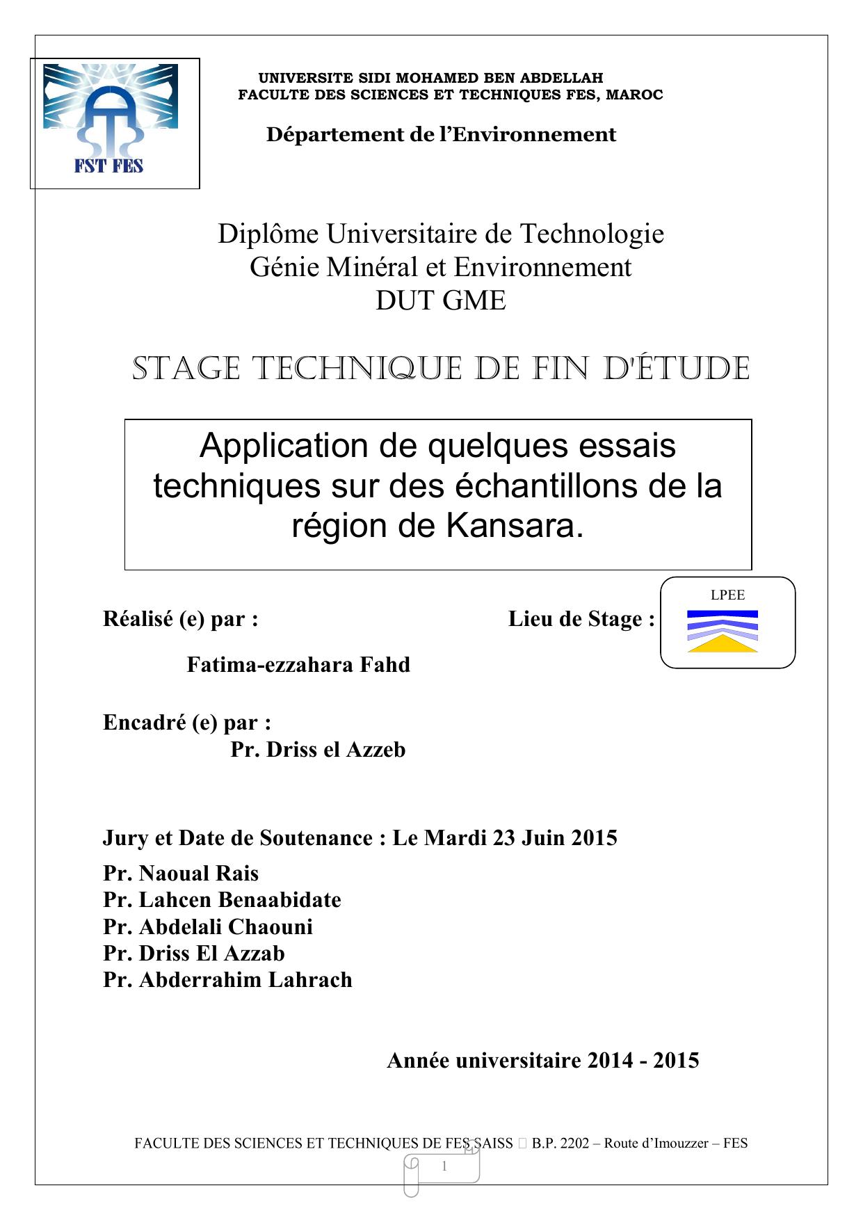 Application de quelques essais techniques sur des échantillons de la région de Kansara