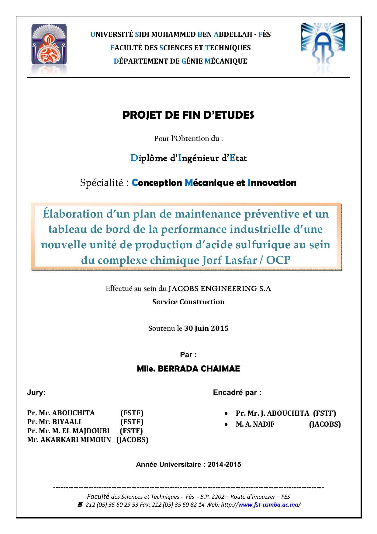 Élaboration d’un plan de maintenance préventive et un tableau de bord de la performance industrielle d’une nouvelle unité de production d’acide sulfurique au sein du complexe chimique Jorf Lasfar / OCP