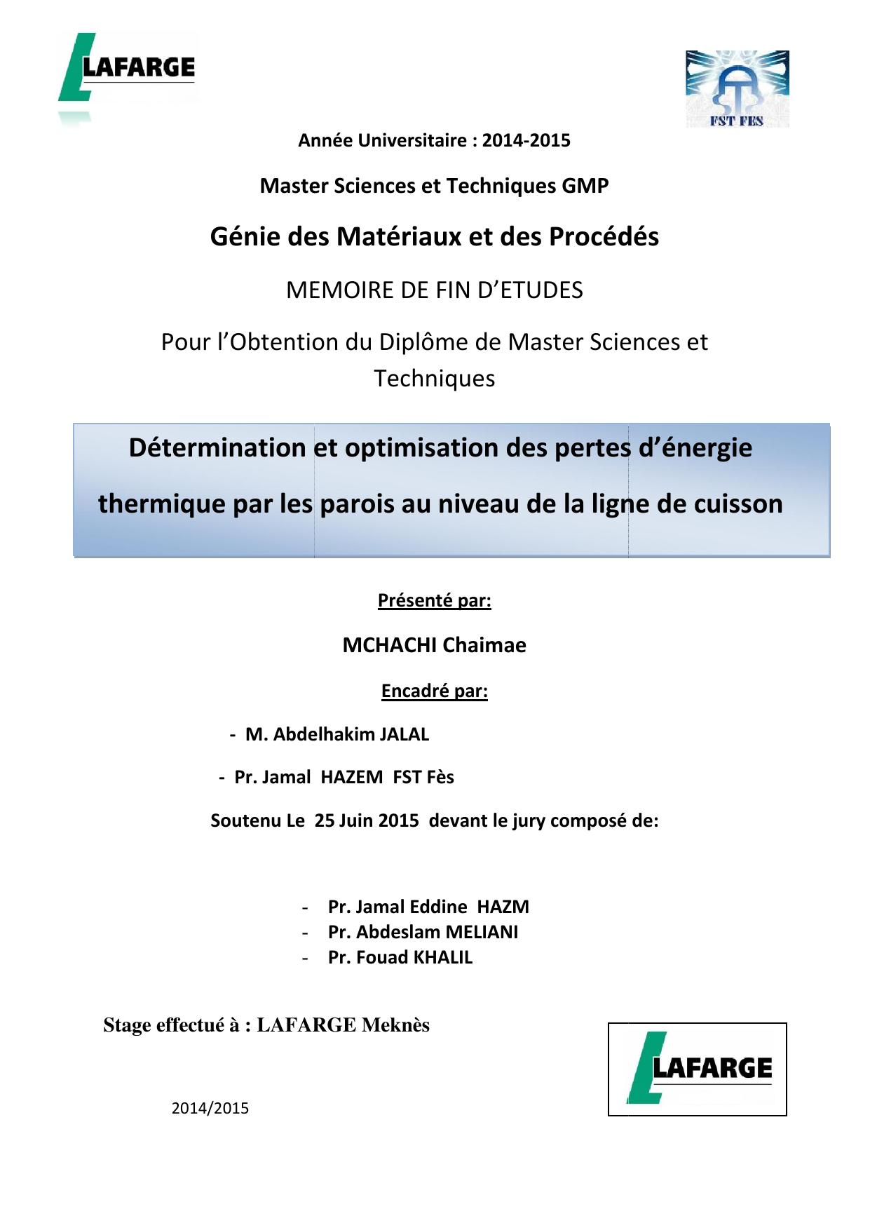 Détermination et optimisation des pertes d’énergie thermique par les parois au niveau de la ligne de cuisson