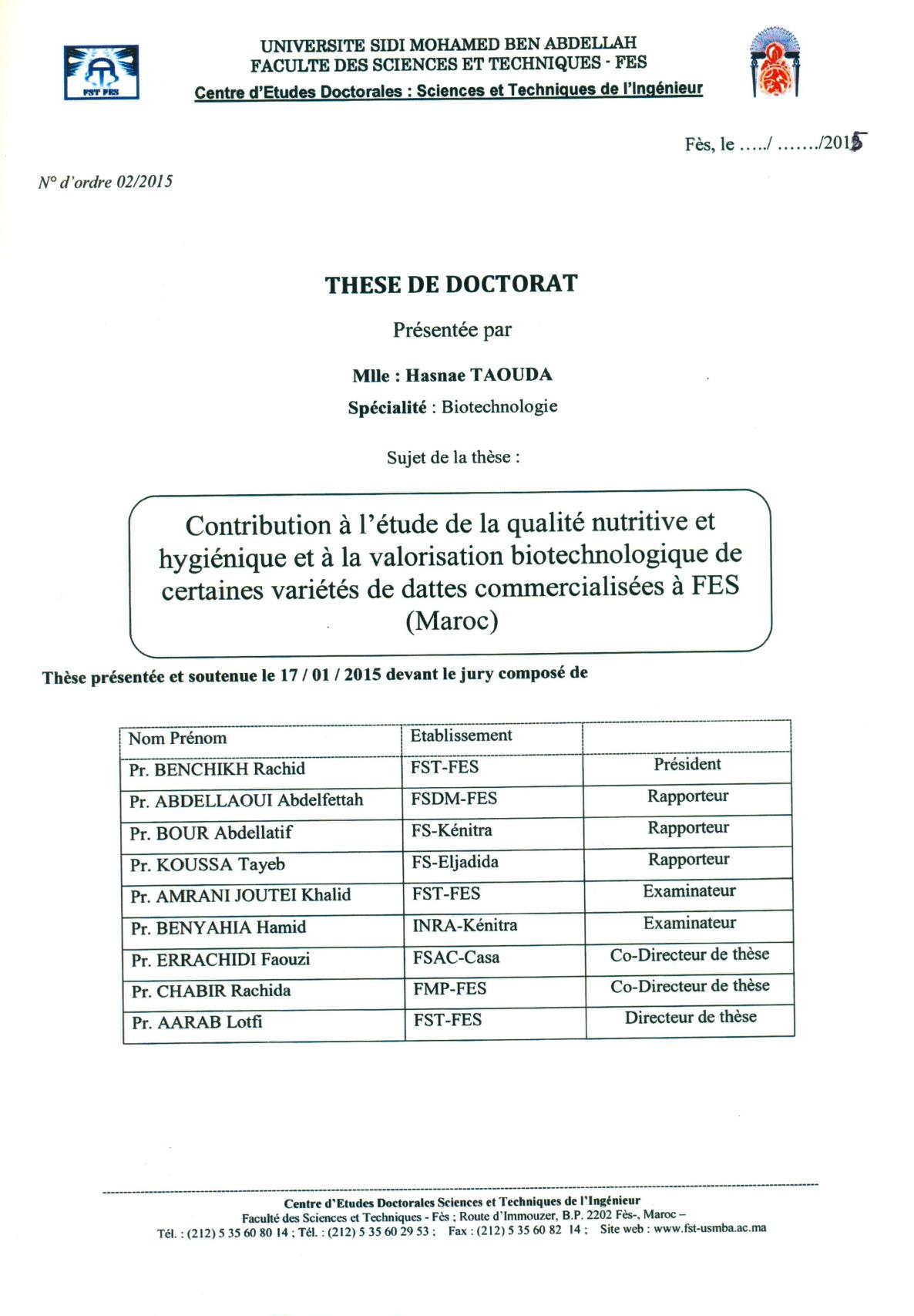 Contribution à l'étude de la qualité nutritive et hygiénique et à la valorisation biotechnologique de certaines variétés de dattes commercialisées à Fès Maroc