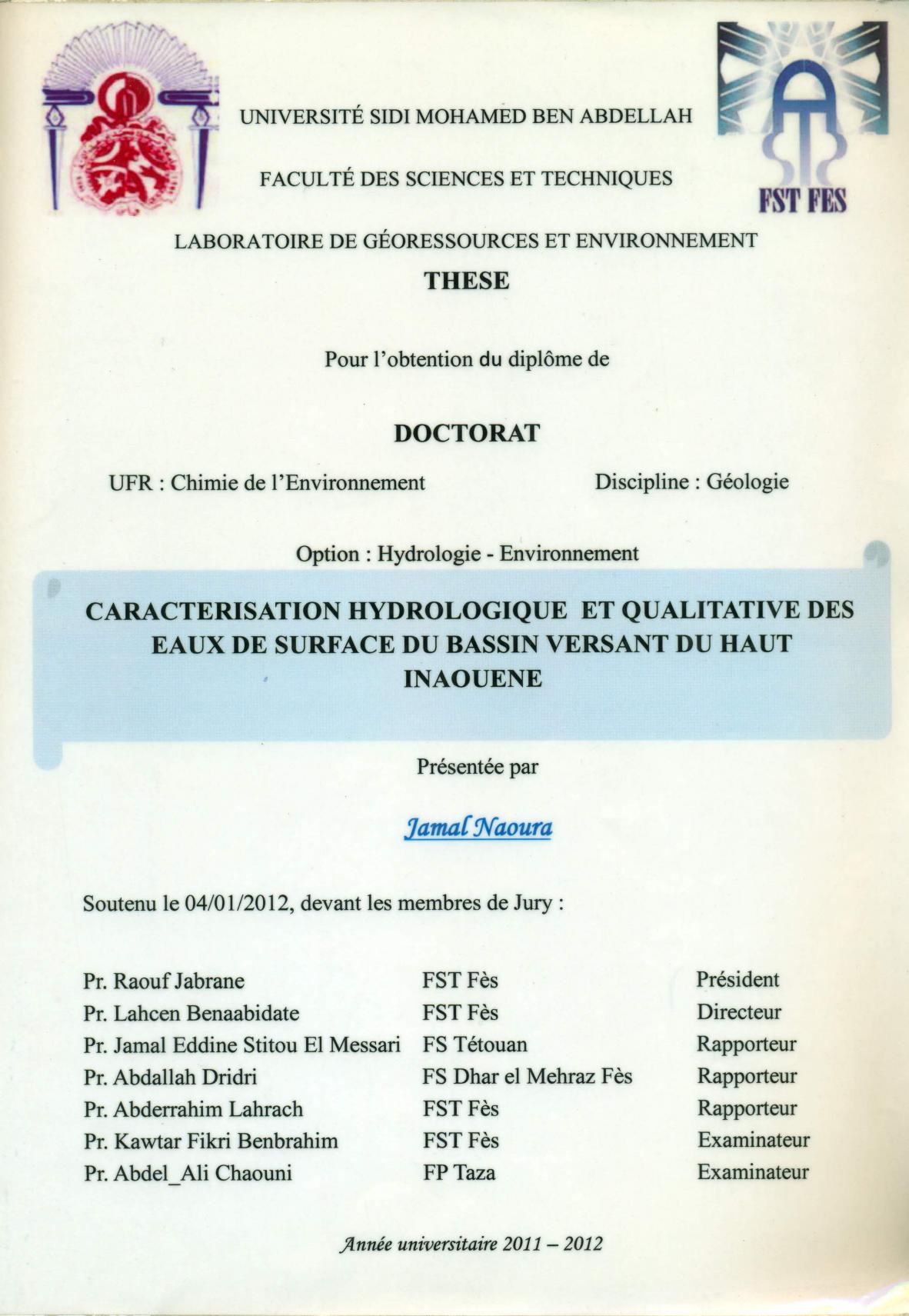 Caratérisation hydrologique et qualitative des eaux de surface du bassin versant du haut Inaouene