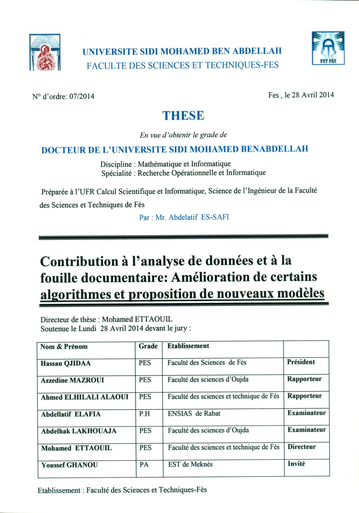 Contribution à l'analyse de données et à la fouille documentaire: Amélioration de certains algorithmes et proposition de nouveaux modèles