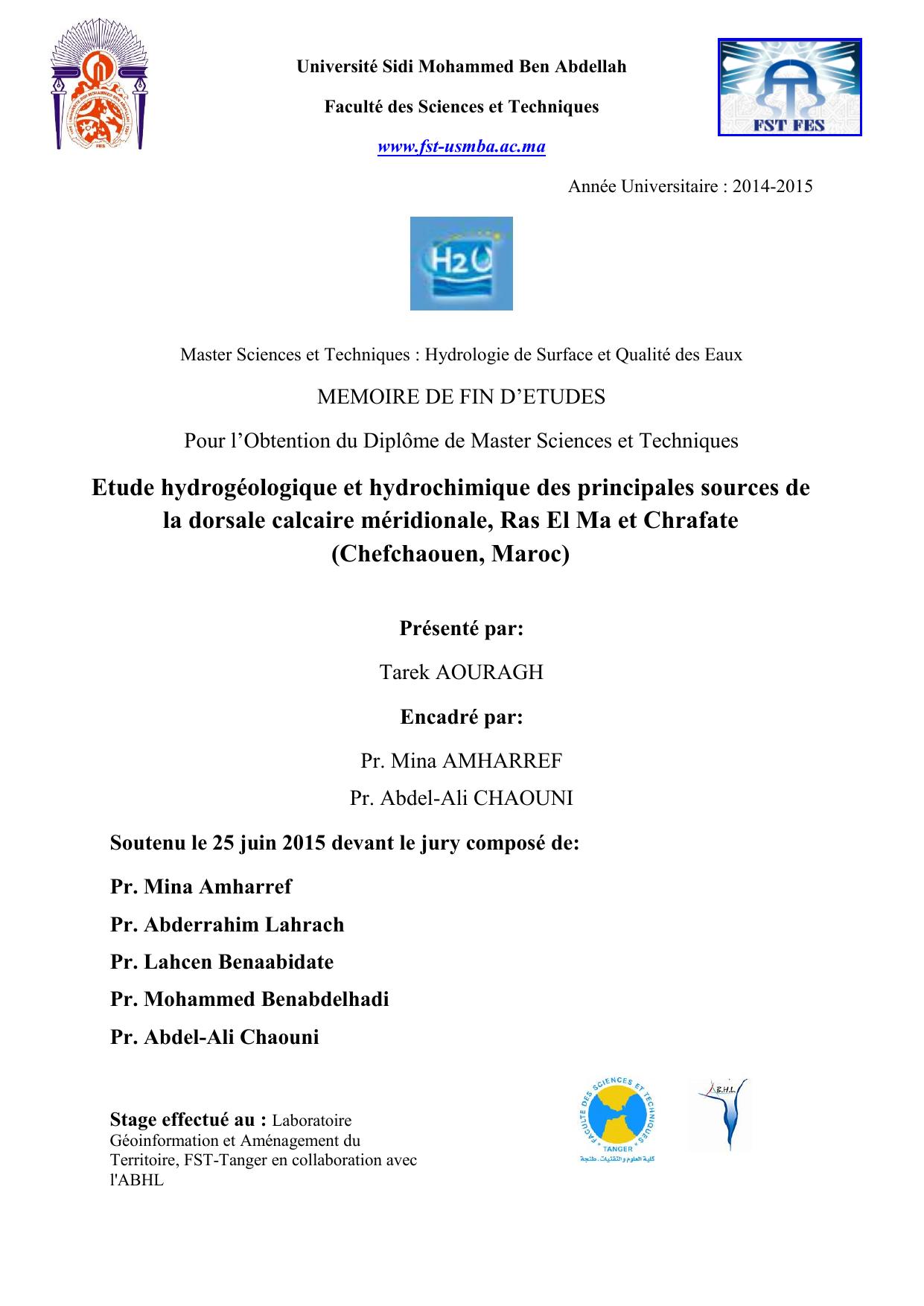 Etude hydrogéologique et hydrochimique des principales sources de la dorsale calcaire méridionale, Ras El Ma et Chrafate (Chefchaouen, Maroc)