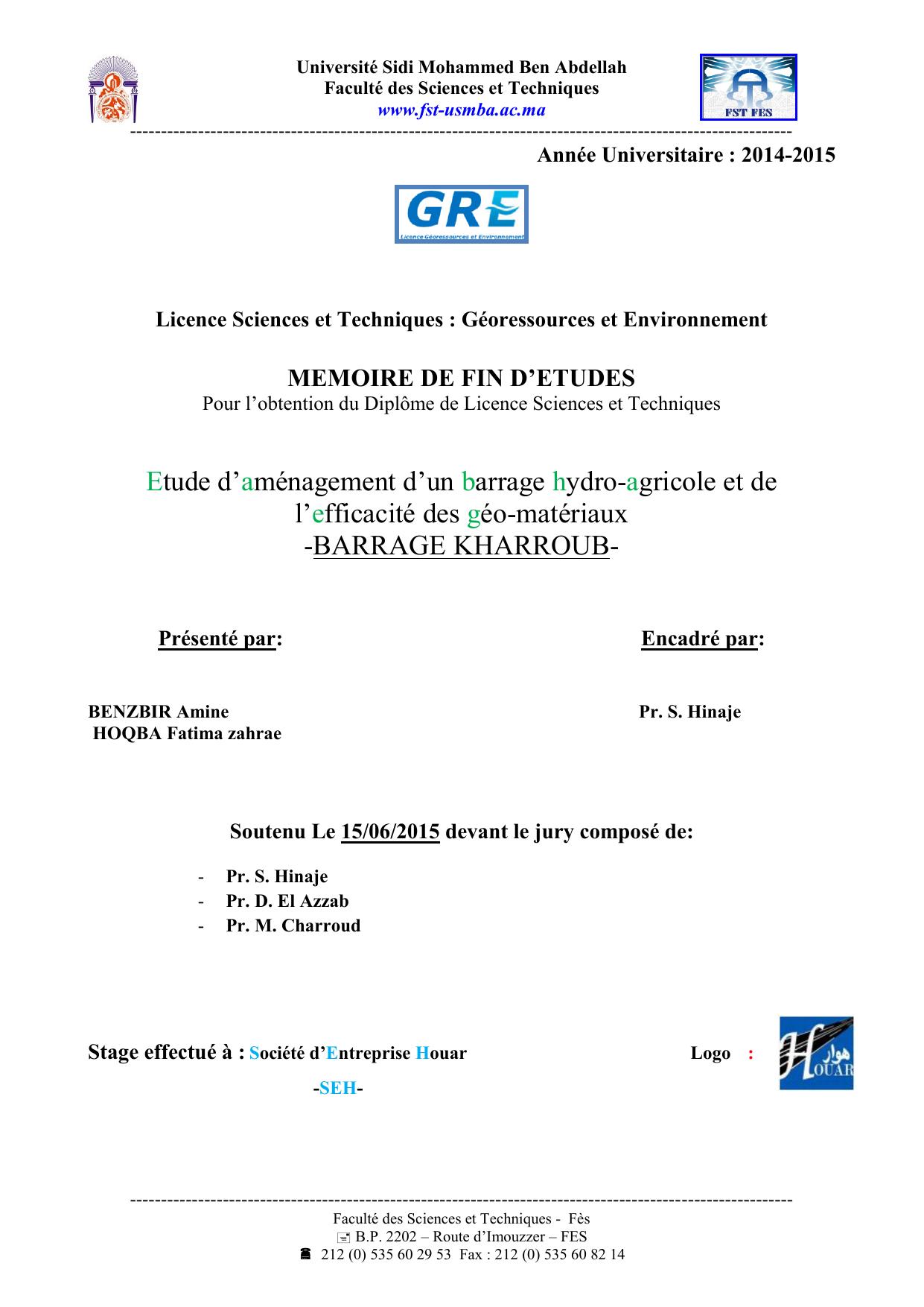 Etude d’aménagement d’un barrage hydro-agricole et de l’efficacité des géo-matériaux -BARRAGE KHARROUBPrésenté