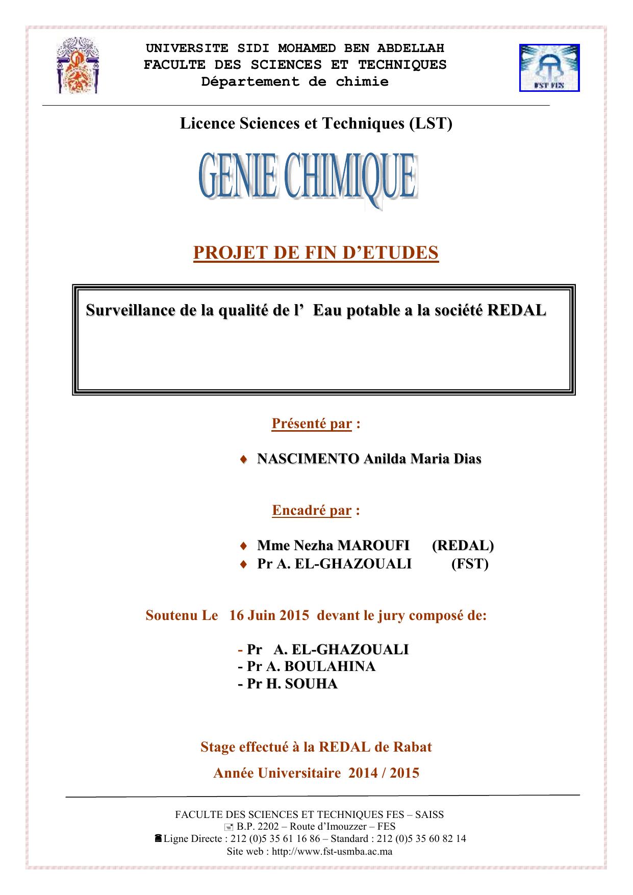 Surveillance de la qualité de l’ Eau potable a la société REDAL