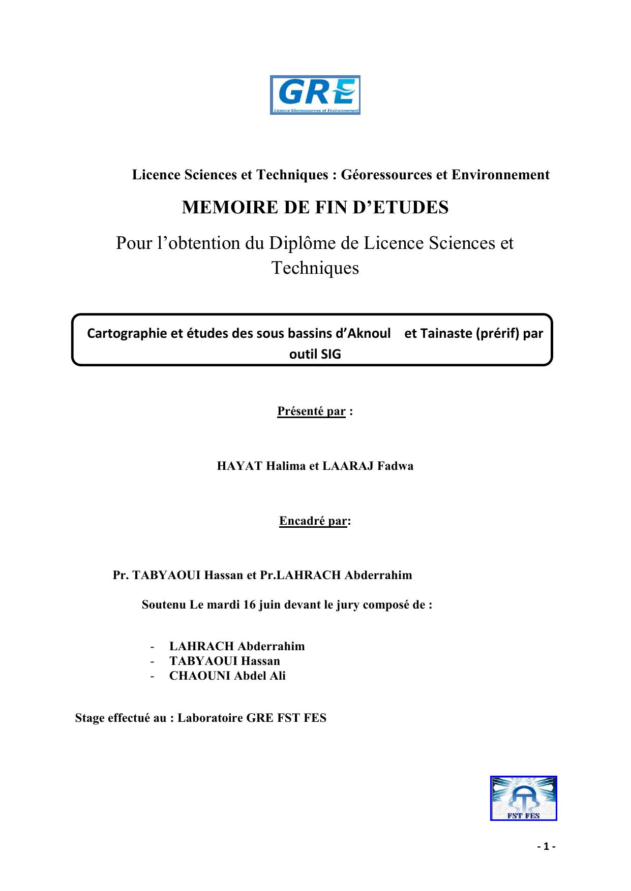 Cartographie et études des sous bassins d’Aknoul et Tainaste (prérif) par outil SIG