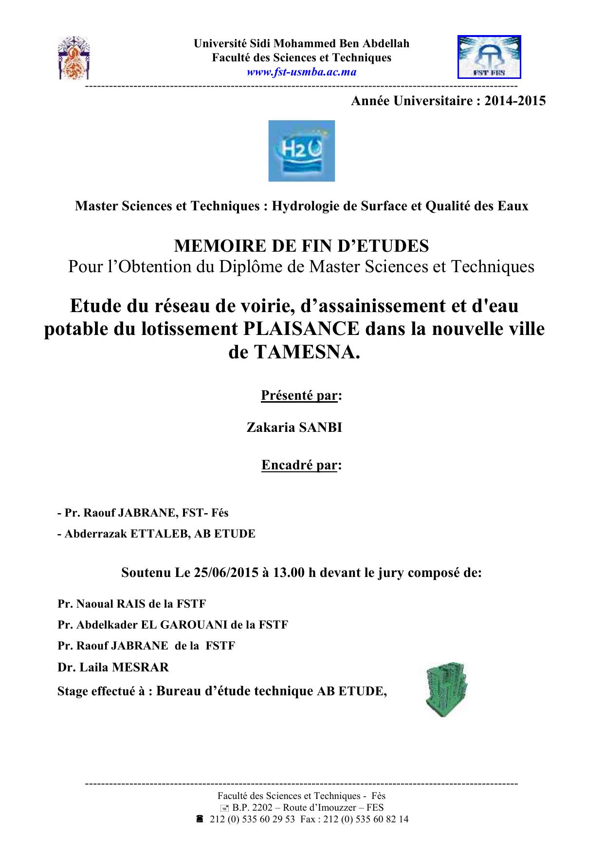 Etude du réseau de voirie, d’assainissement et d'eau potable du lotissement PLAISANCE dans la nouvelle ville de TAMESNA