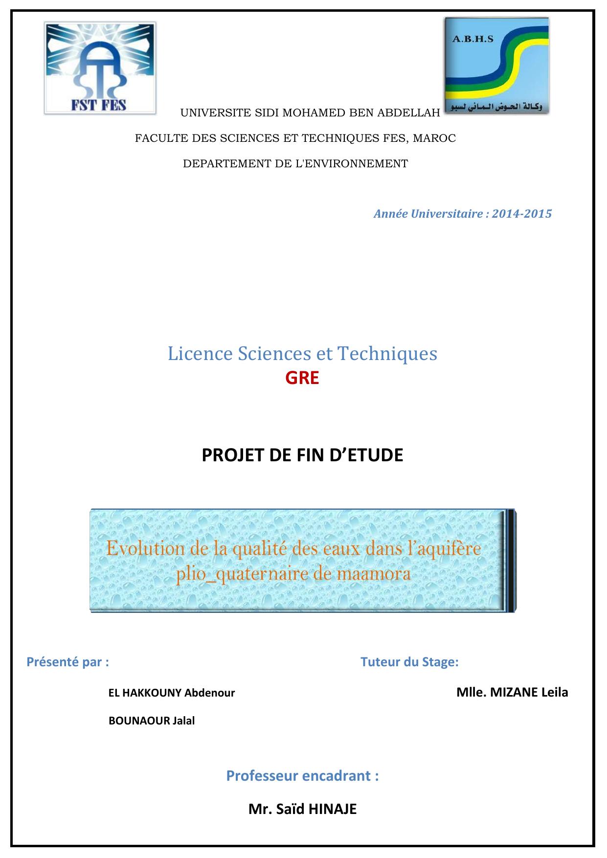 Evolution de la qualité de l’eau dans l'aquifère plio_quaternaire de maamora