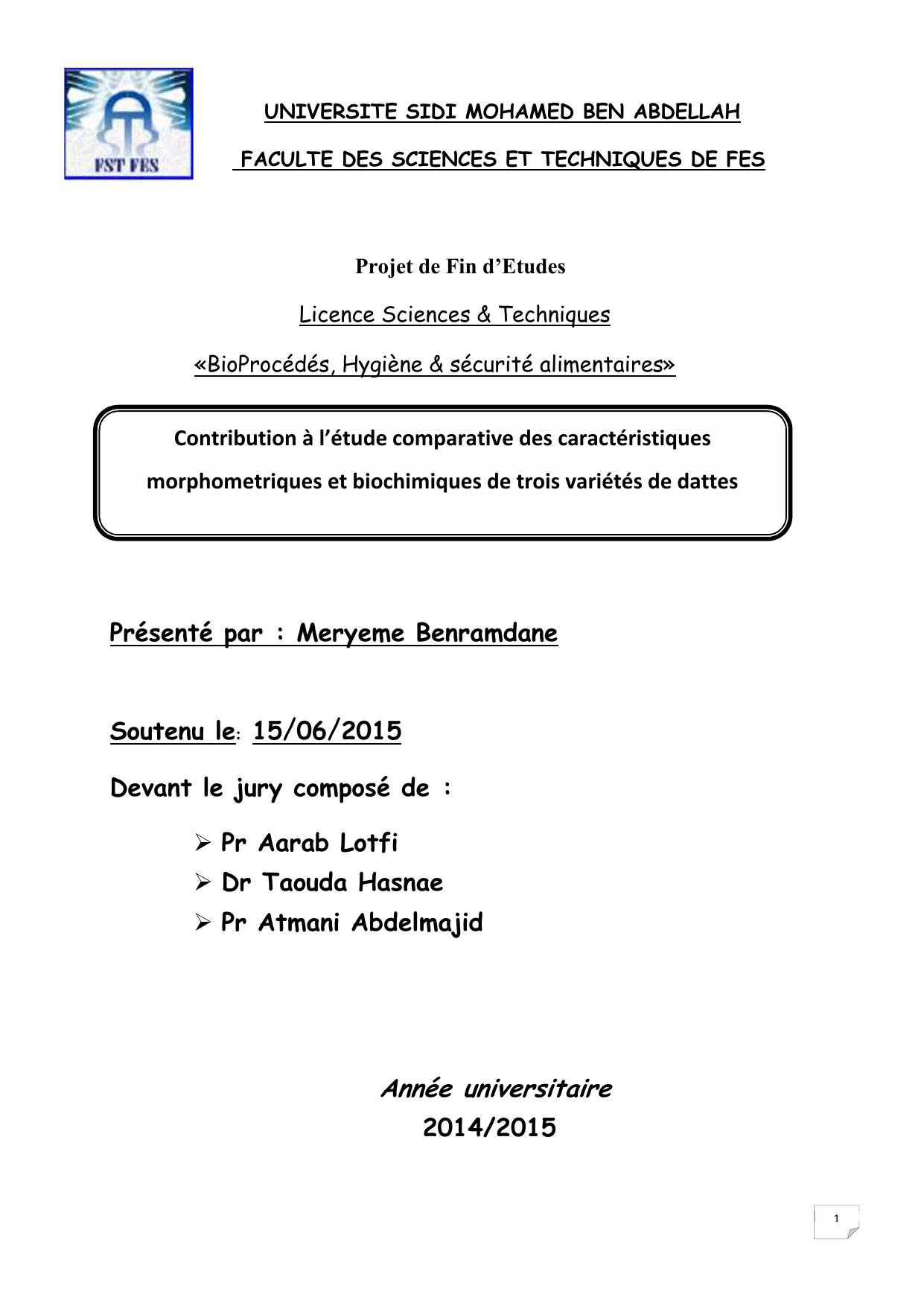 Contribution à l’étude comparative des caractéristiques morphometriques et biochimiques de trois variétés de dattes