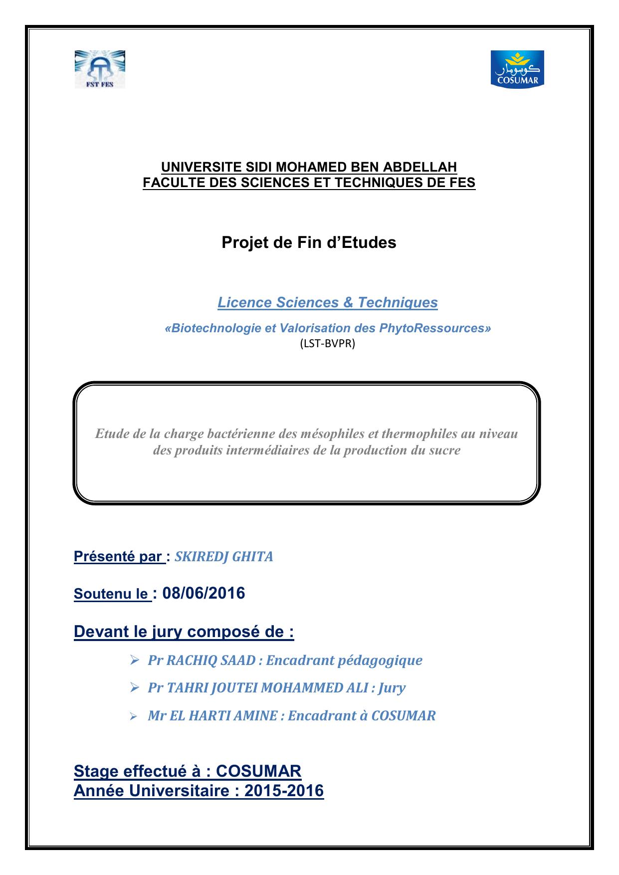 Etude de la charge bactérienne des mésophiles et thermophiles au niveau des produits intermédiaires de la production du sucre