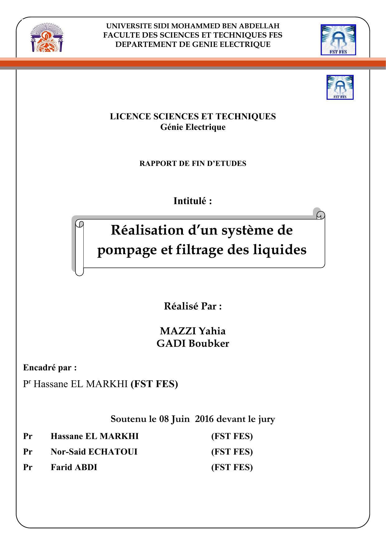 Réalisation d’un système de pompage et filtrage des liquides