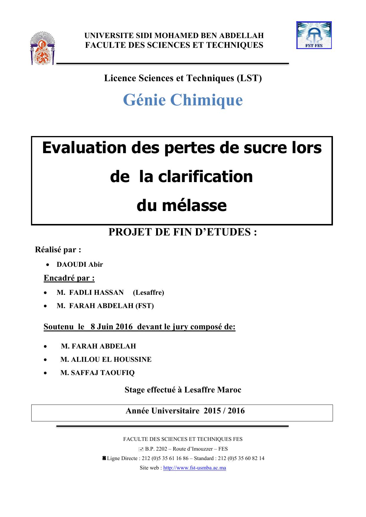 Evaluation des pertes de sucre lors de la clarification du mélasse