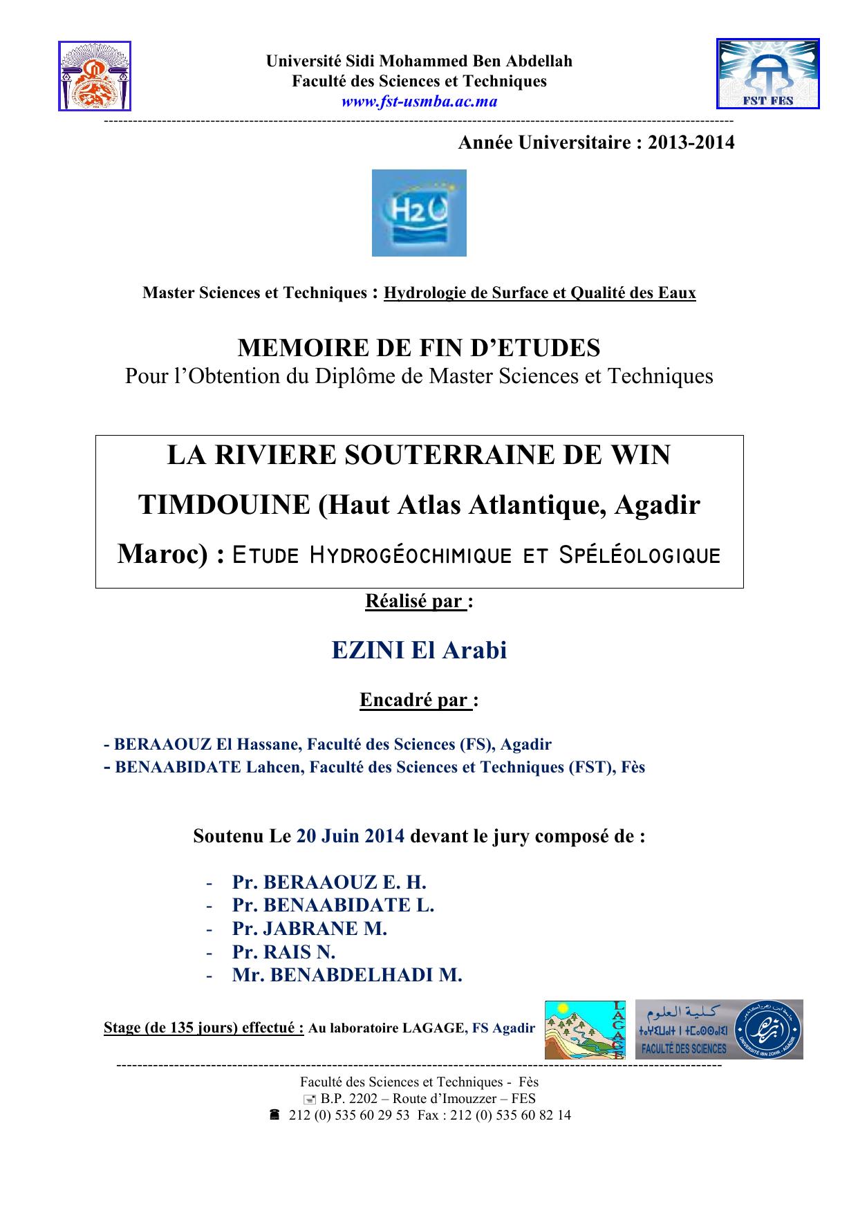 La rivière souterraine de WIN TIMDOUINE (Haut Atlas Atlantique, Agadir Maroc): Etude hydrogéochimique et spéléologique