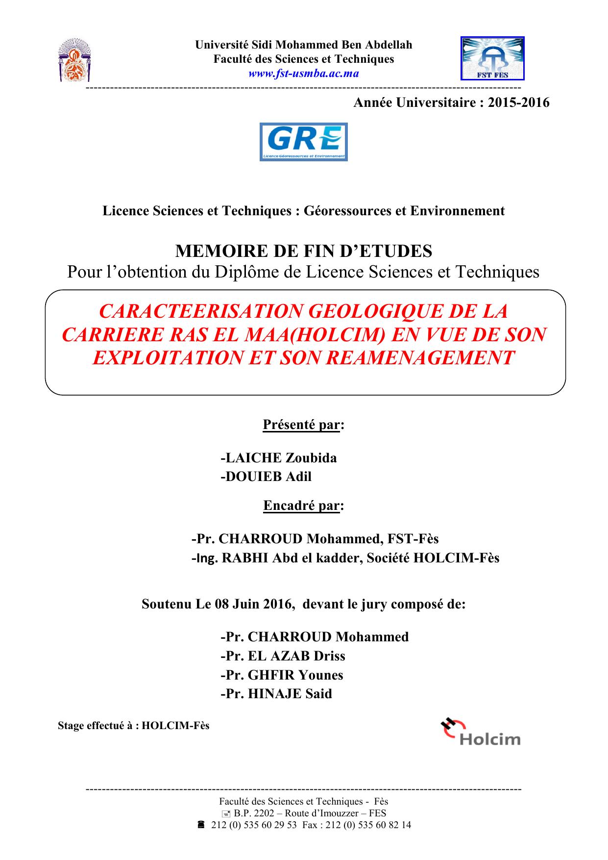 Caractérisation géologique de la carrière Ras El Mas (Holcim) en vue de son exploitation et son réaménagement