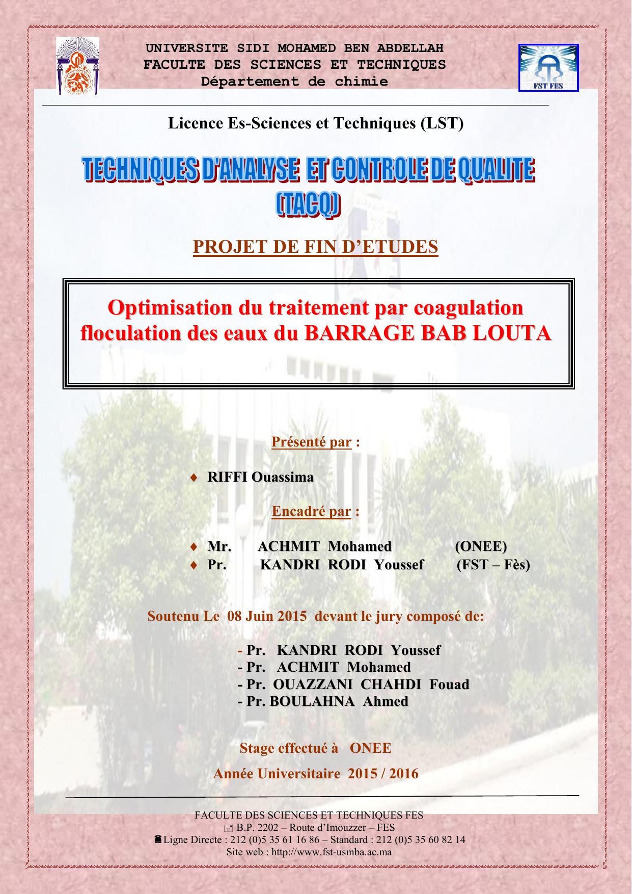 Optimisation du traitement par coagulatiion floculation des eaux du BARRAGE BAB LOUTA