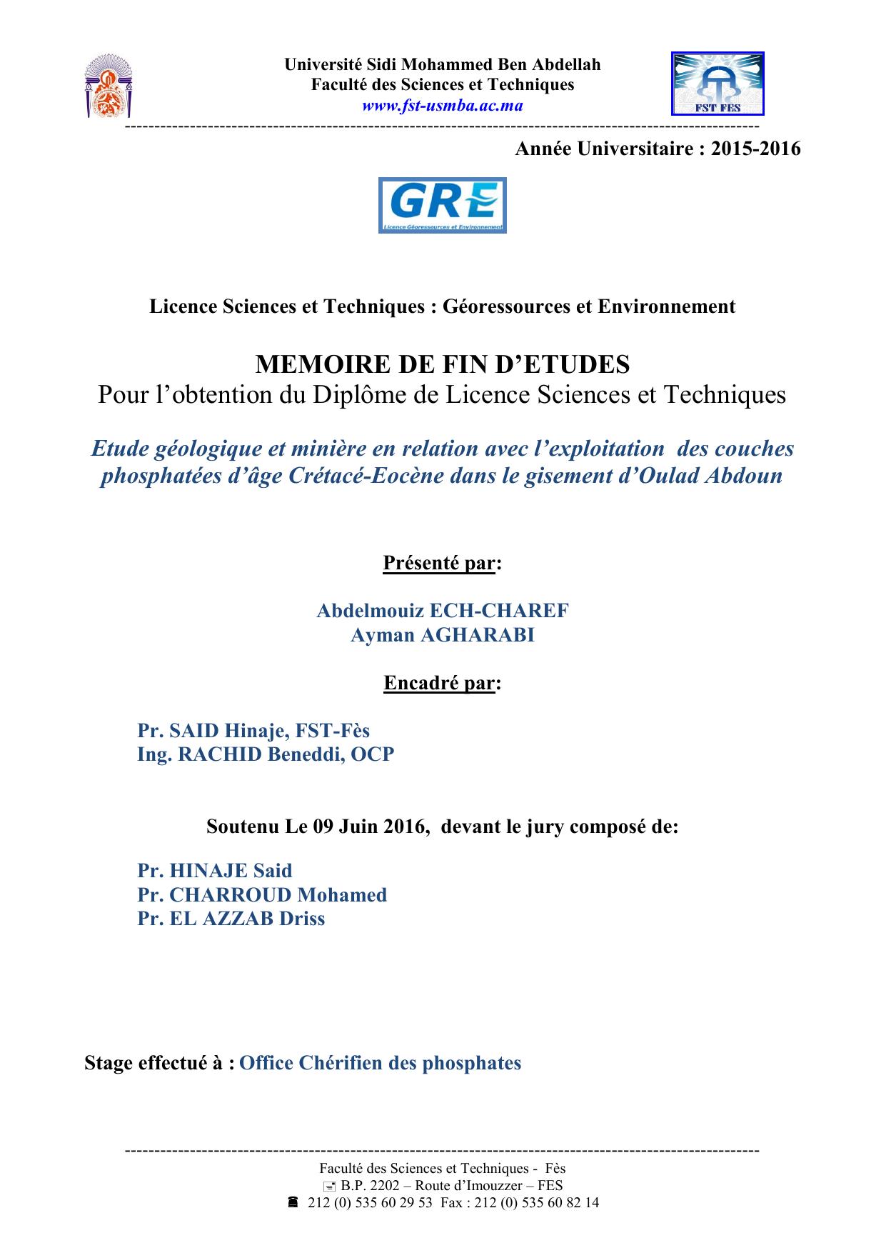 Etude géologique et minière en relation avec l’exploitation des couches phosphatées d’âge Crétacé-Eocène dans le gisement d’Oulad Abdoun