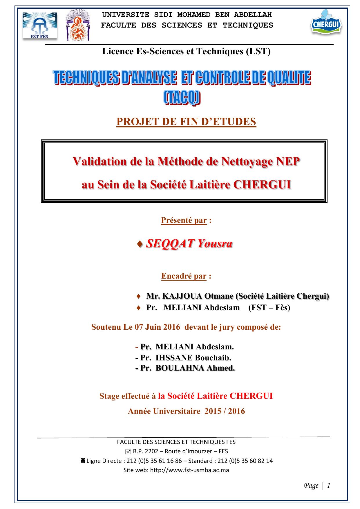 Validation de la Méthode de Nettoyage NEP au Sein de la Société Laitière CHERGUI