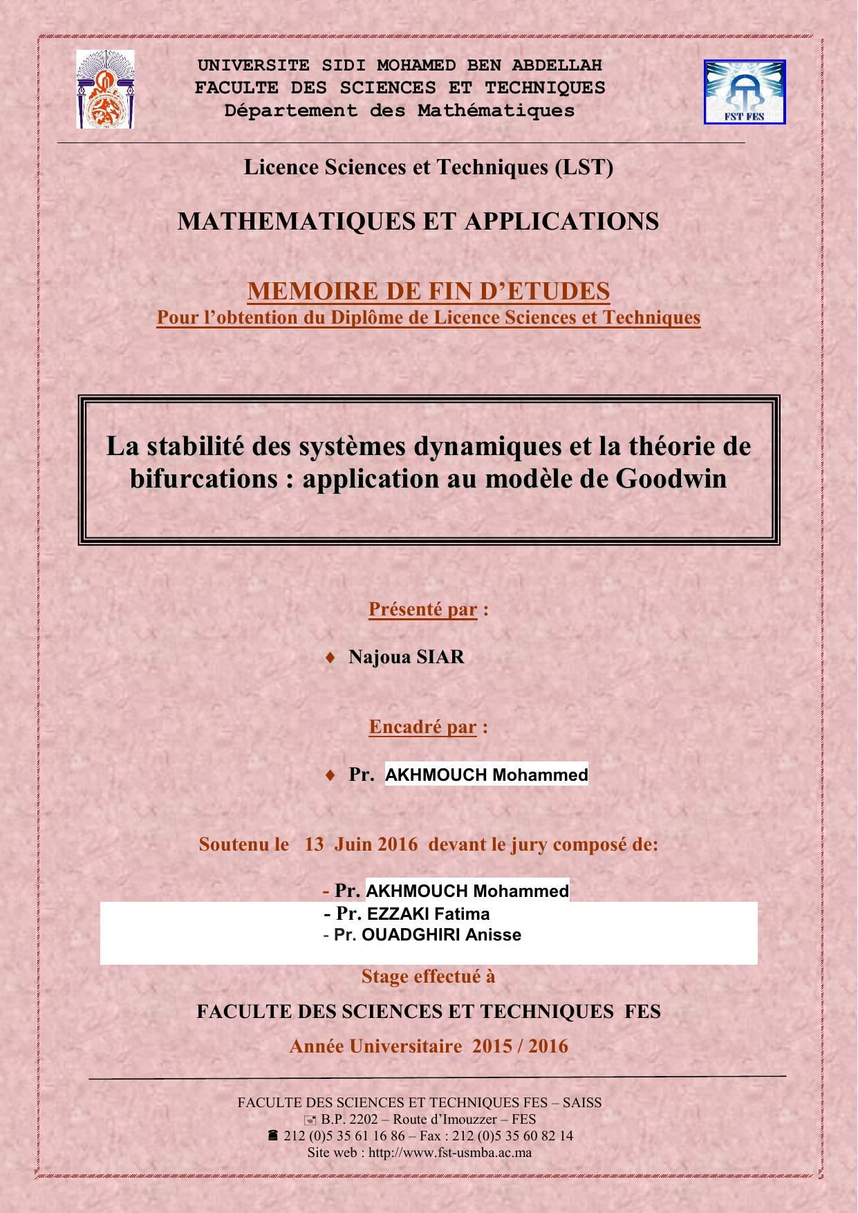 La stabilitté des systèmes dynamiques et la théorie de bifurcations :applicattiion au modèle de Goodwin