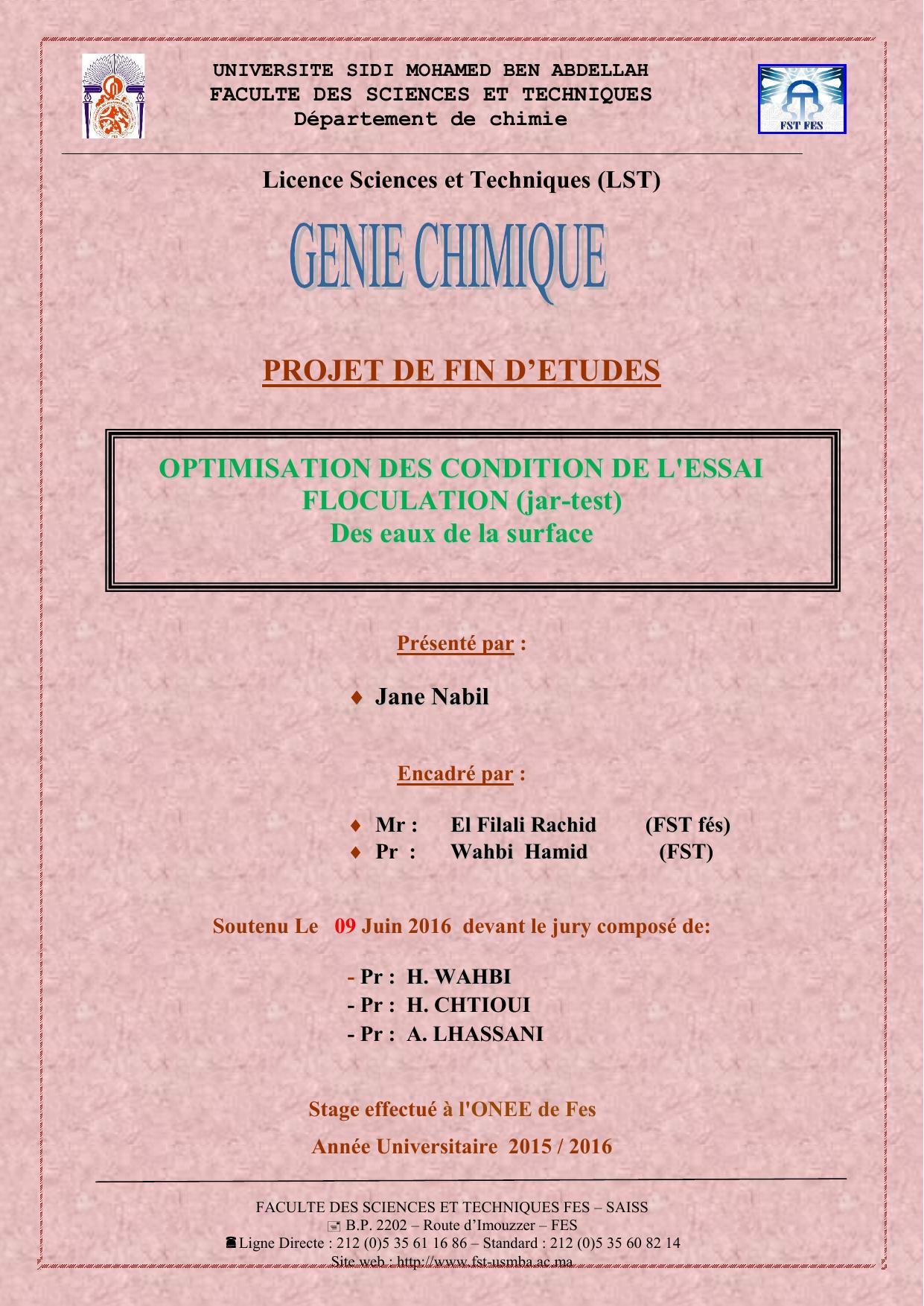 Optimisation des condition de l'essai Floculation (Jar-Test) des eaux de surface