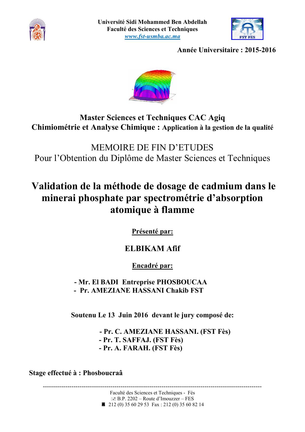 Validation de la méthode de dosage de cadmium dans le minerai phosphate par spectrométrie d’absorption atomique à flamme