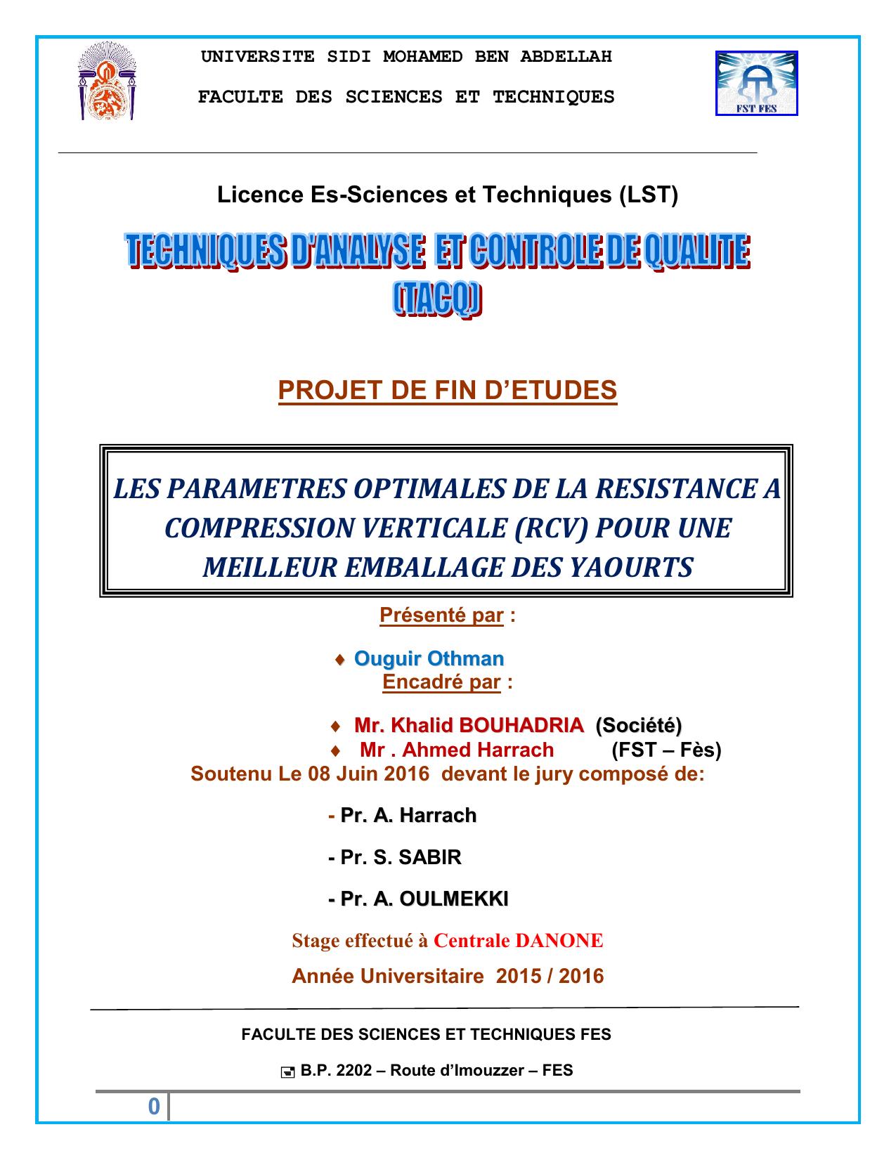 Les paramètres optimales de la résistance à compression verticale (RCV) pour une meilleur emballage des Yaourts