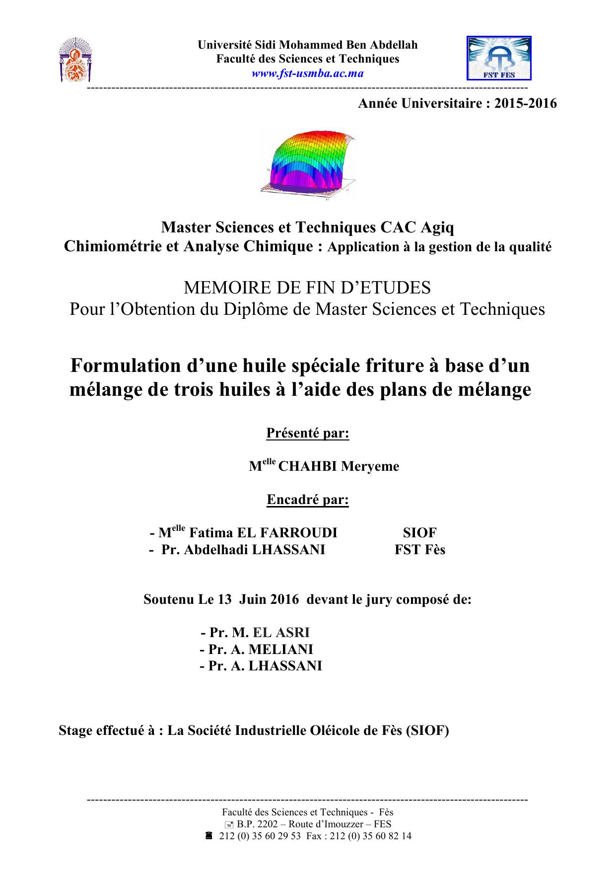 Formulation d’une huile spéciale friture à base d’un mélange de trois huiles à l’aide des plans de mélange